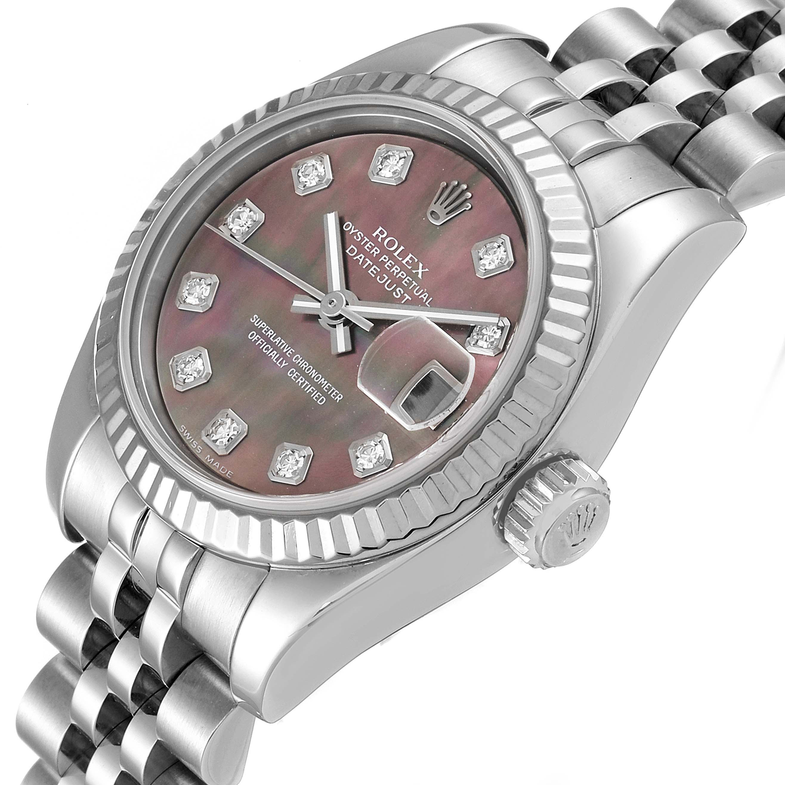 The image shows a Rolex Datejust 179174 Women
s Stainless Steel Mother of Pearl Dial 179174 Women
s Stainless Steel Mother of Pearl Dial watch at an angle highlighting its face, bezel, crown, and part of the bracelet.