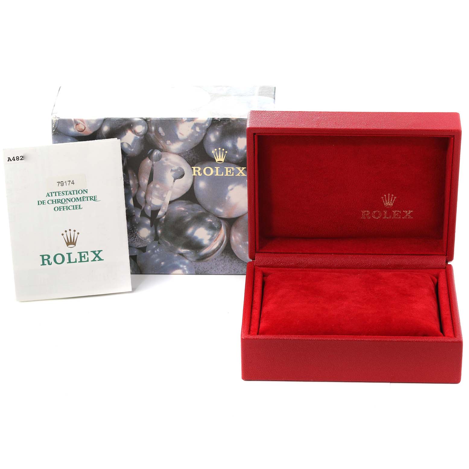 The image shows a Rolex Datejust 79174 Women's Stainless Steel Silver Dial 79174 Women's Stainless Steel Silver Dial watch's empty red case, outer box, and official chronometer certification booklet.