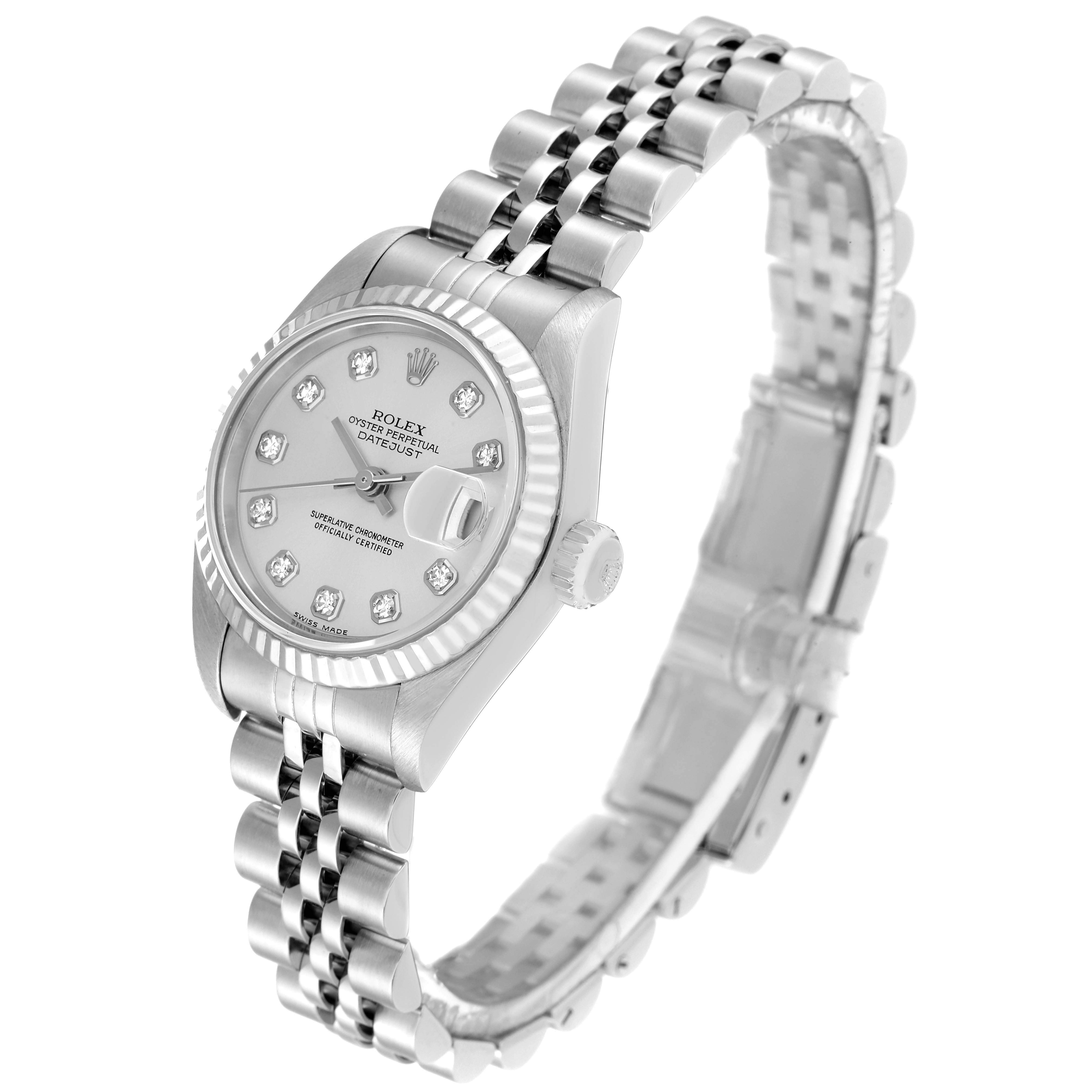 This image shows a Rolex Datejust 79174 Women's Stainless Steel Silver Dial 79174 Women's Stainless Steel Silver Dial wristwatch at a slight angle, highlighting the dial, crown, bezel, and Jubilee bracelet.