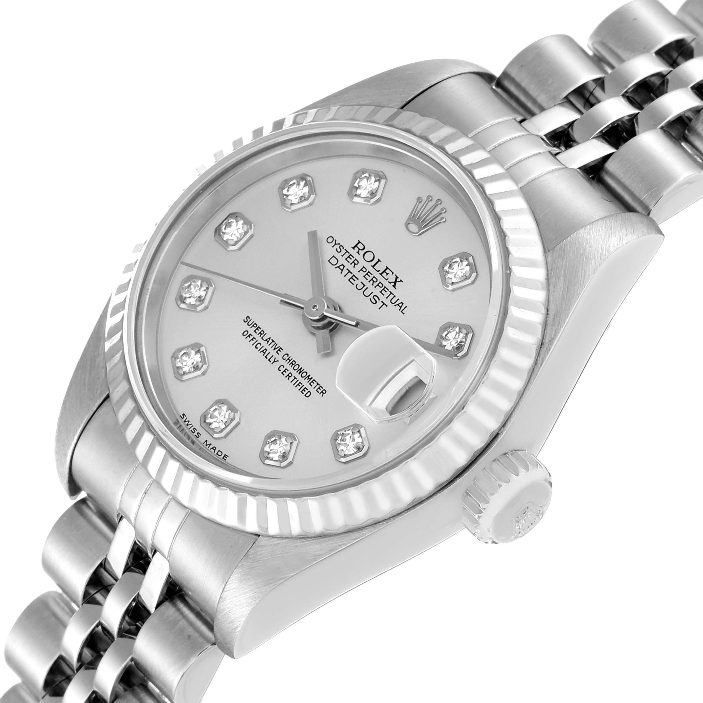 The image shows a close-up angle of the Rolex Datejust 79174 Women's Stainless Steel Silver Dial 79174 Women's Stainless Steel Silver Dial watch, highlighting its face, bezel, crown, and bracelet.