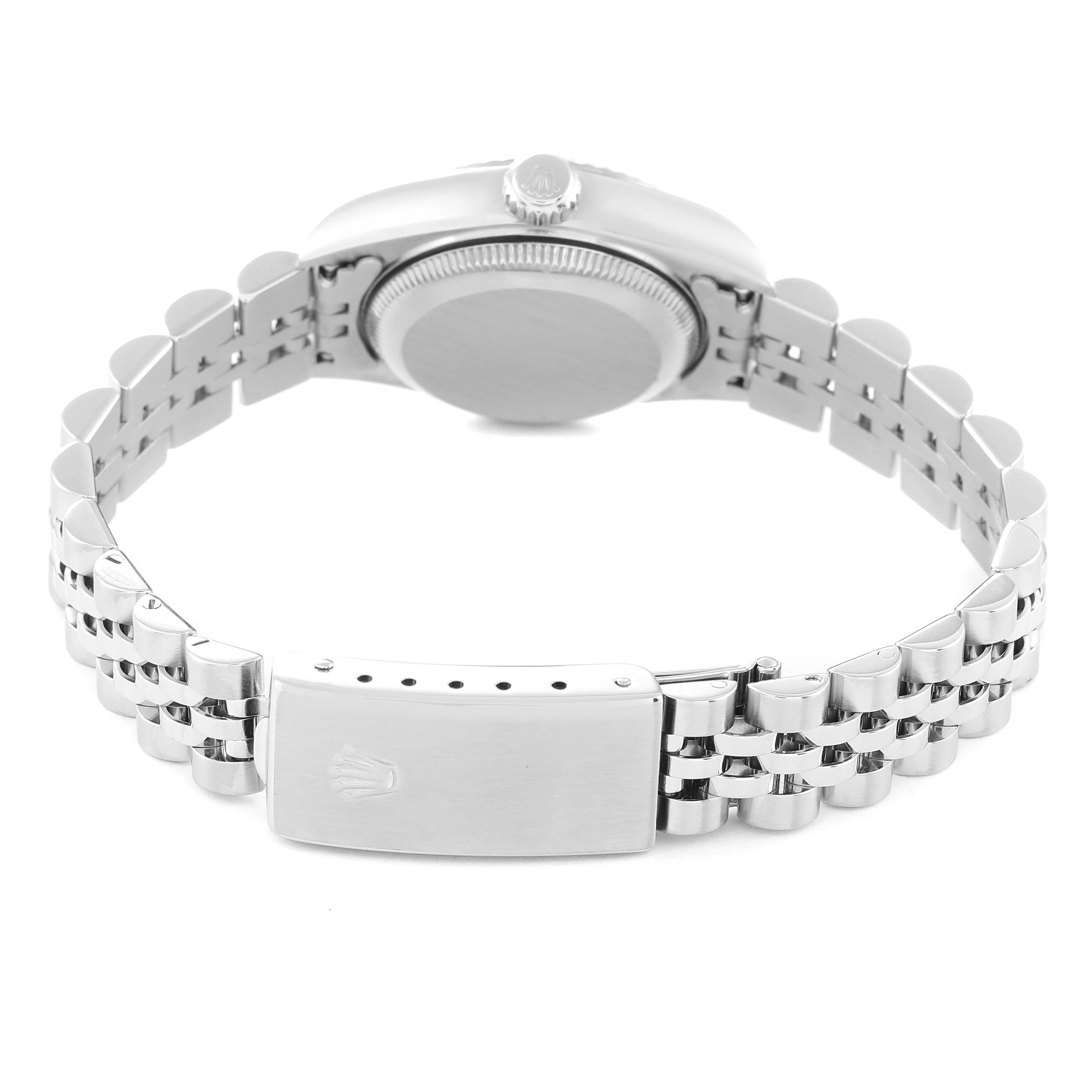 The image shows the back side and bracelet clasp of a Rolex Datejust 79174 Women's Stainless Steel Silver Dial 79174 Women's Stainless Steel Silver Dial watch with a Jubilee bracelet.
