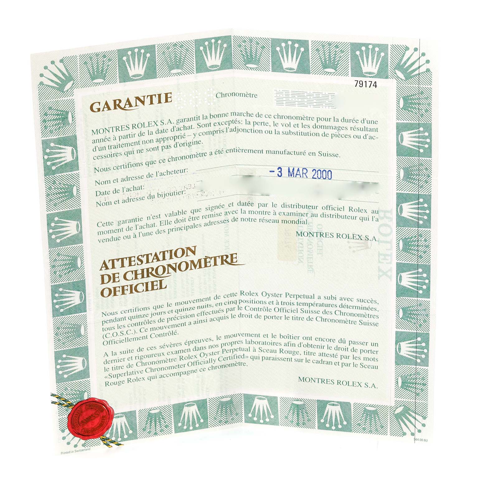 The image shows the warranty and official chronometer certificate documents for a Rolex Datejust 79174 Women's Stainless Steel Silver Dial 79174 Women's Stainless Steel Silver Dial watch.