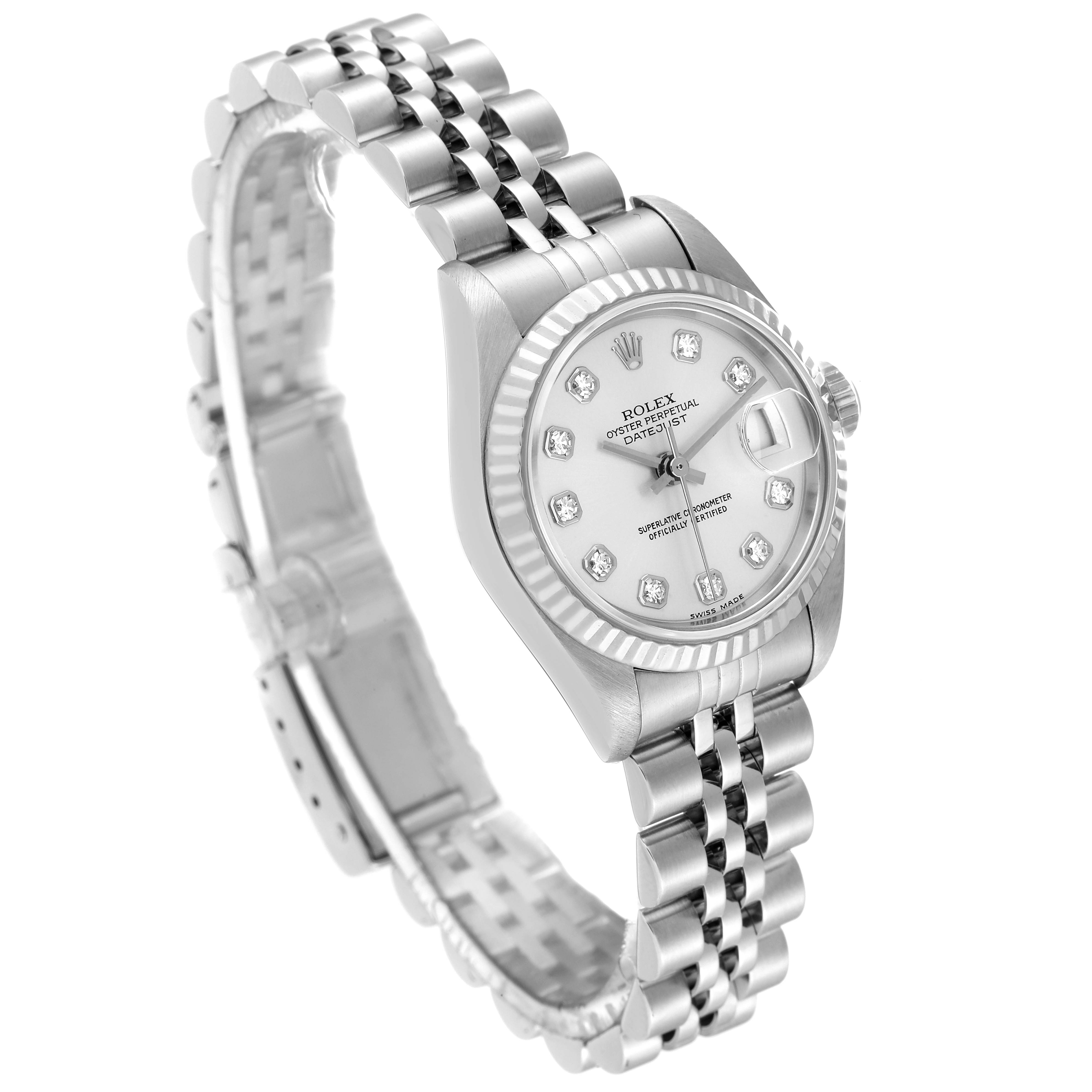 The image shows a side view of a Rolex Datejust 79174 Women's Stainless Steel Silver Dial 79174 Women's Stainless Steel Silver Dial with a fluted bezel, Jubilee bracelet, and diamond hour markers on the dial.