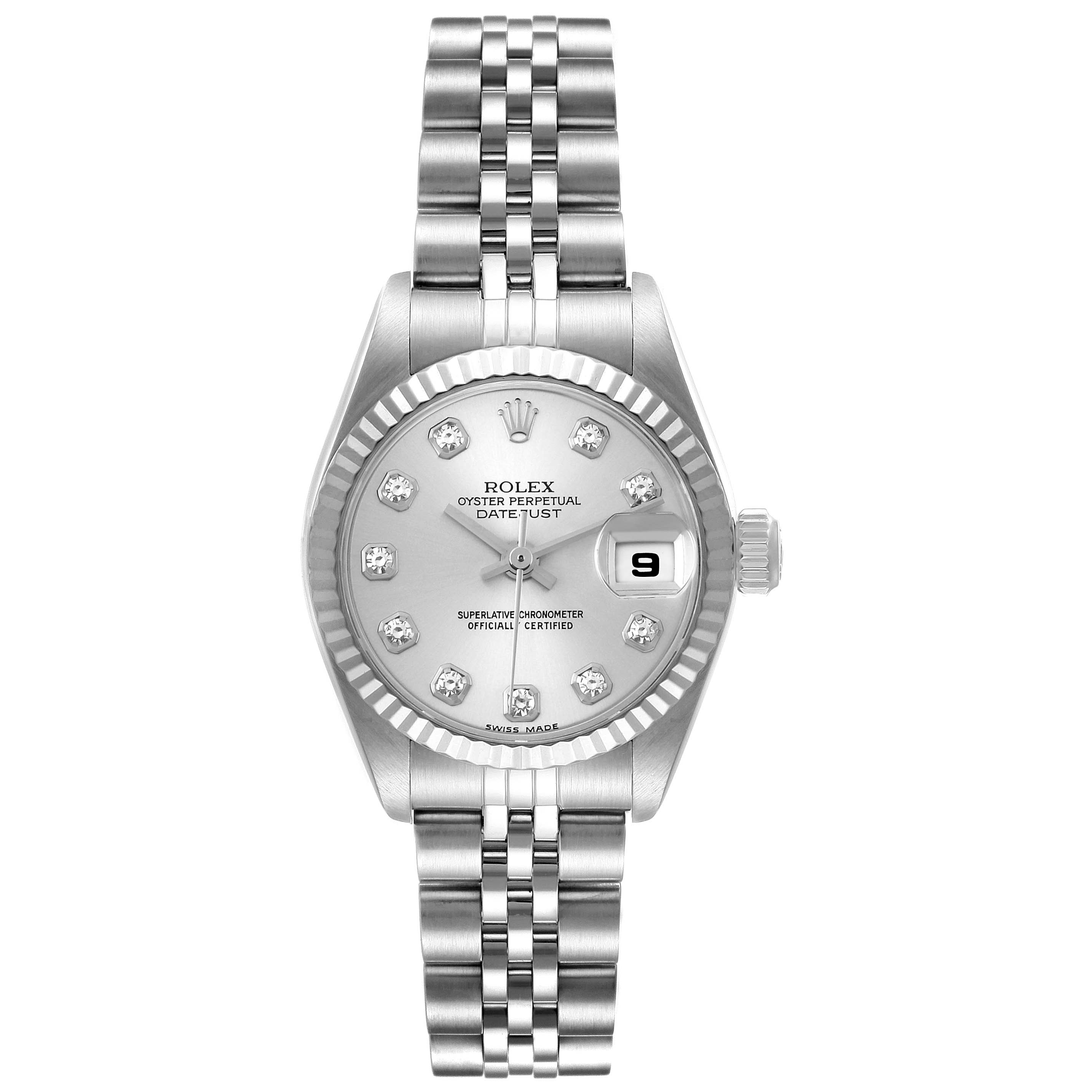 This is a front view of a Rolex Datejust 79174 Women's Stainless Steel Silver Dial 79174 Women's Stainless Steel Silver Dial watch, featuring a silver dial, date display, and a jubilee bracelet.