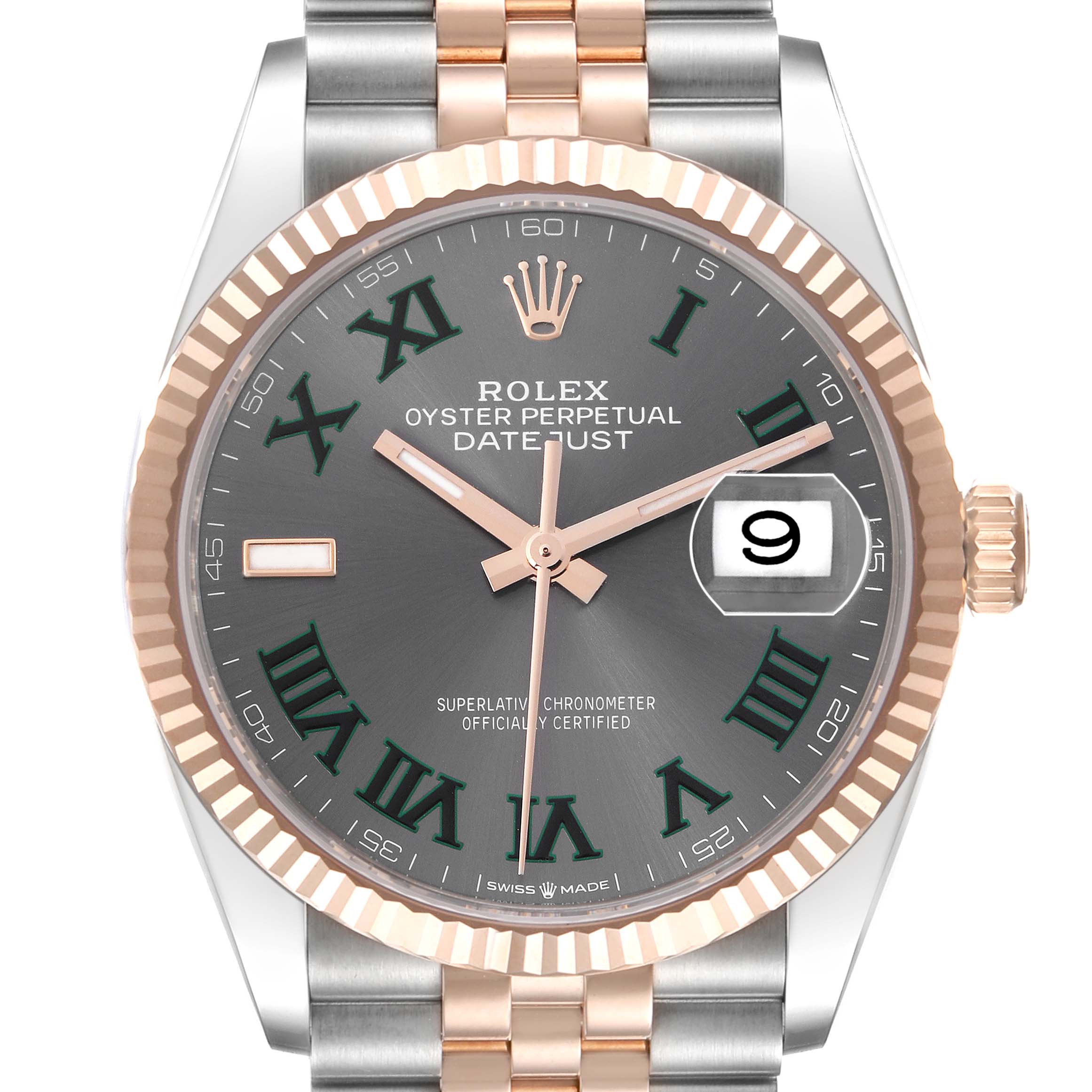 The Rolex Datejust 126231 Men
s Steel and Gold (two tone) Grey Dial 126231 Men
s Steel and Gold (two tone) Grey Dial watch is shown from a front angle highlighting the face, bezel, crown, and bracelet.