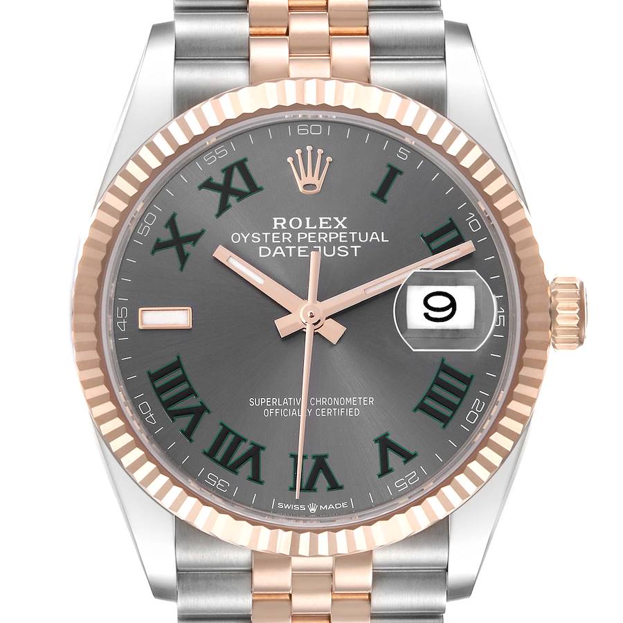 The Rolex Datejust watch is shown from a front angle highlighting the face, bezel, crown, and bracelet.