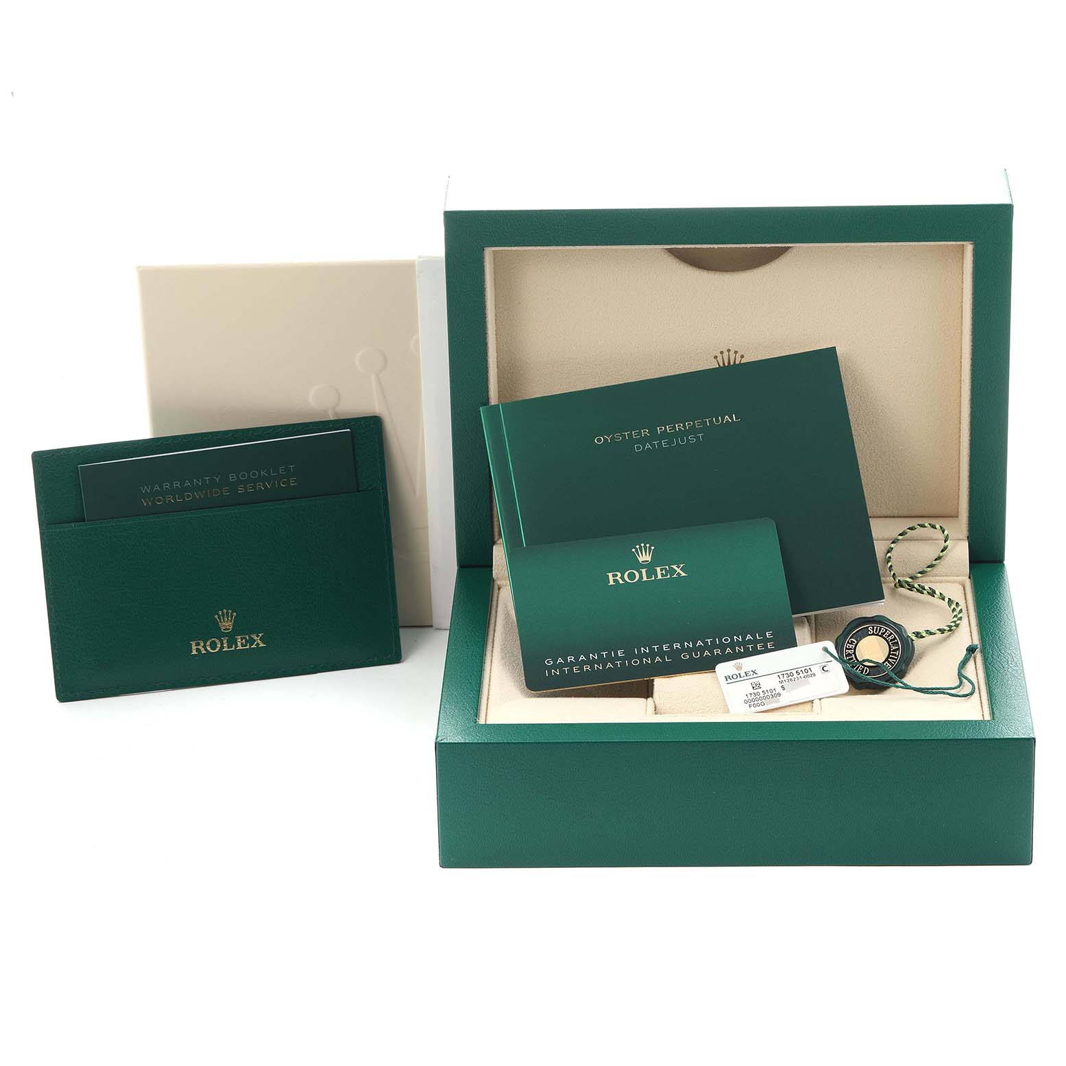 The image shows the packaging and accessories for a Rolex Datejust 126231 Men
s Steel and Gold (two tone) Grey Dial 126231 Men
s Steel and Gold (two tone) Grey Dial, including booklets, a warranty cardholder, and a box.