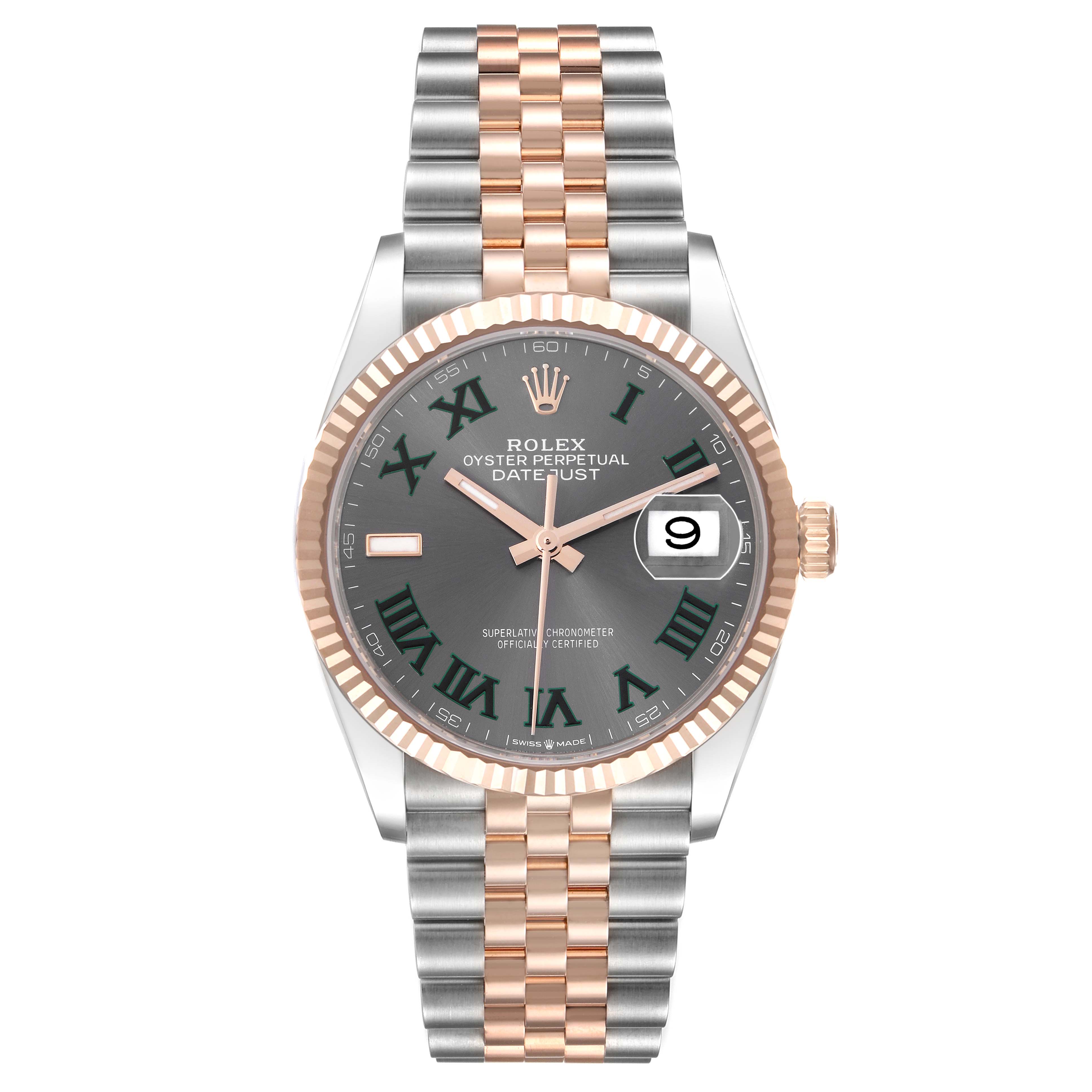 The Rolex Datejust 126231 Men
s Steel and Gold (two tone) Grey Dial 126231 Men
s Steel and Gold (two tone) Grey Dial watch is shown from the front, featuring a two-tone bracelet, fluted bezel, and date display.