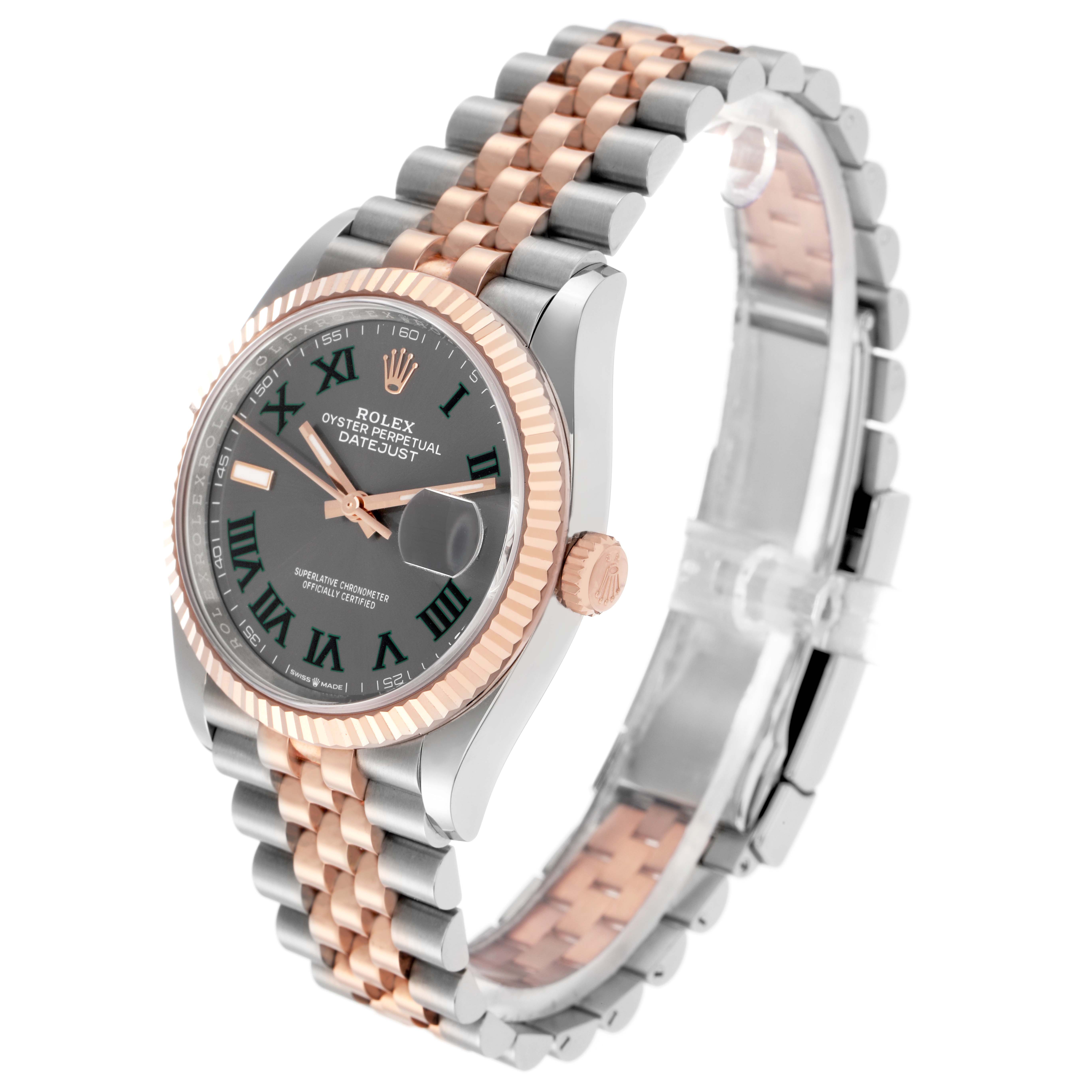 The Rolex Datejust 126231 Men
s Steel and Gold (two tone) Grey Dial 126231 Men
s Steel and Gold (two tone) Grey Dial watch is shown at a side angle, highlighting the dial, bezel, crown, and two-tone Jubilee bracelet.