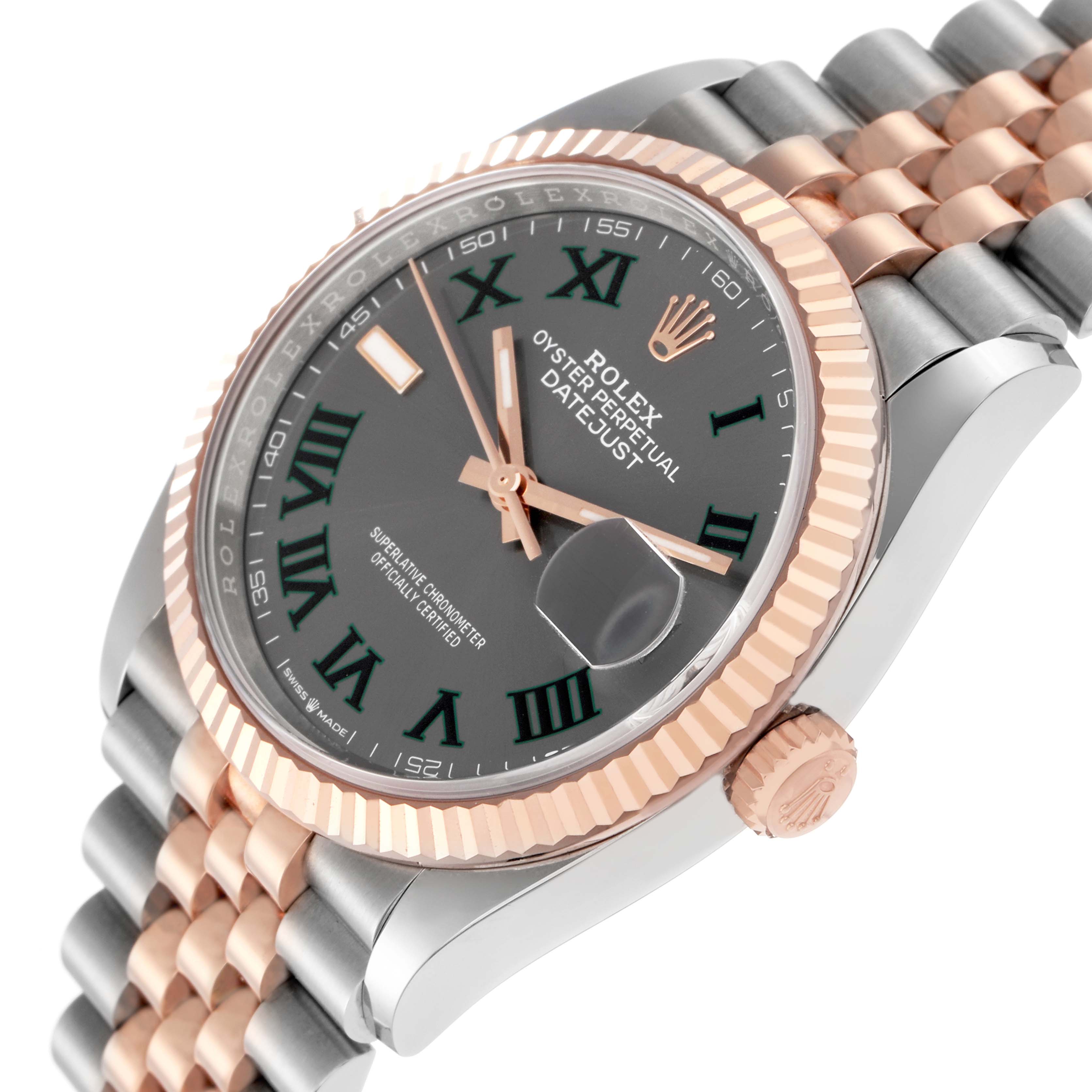 The Rolex Datejust 126231 Men
s Steel and Gold (two tone) Grey Dial 126231 Men
s Steel and Gold (two tone) Grey Dial watch is shown at an angle highlighting the dial, fluted bezel, crown, and part of the jubilee bracelet.