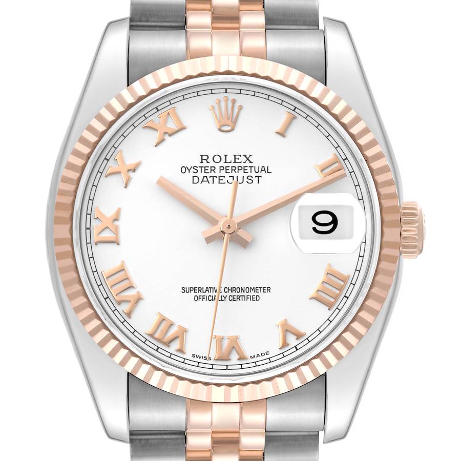 This image shows a Rolex Datejust watch from a front angle, highlighting the dial, bezel, crown, and partially the bracelet.