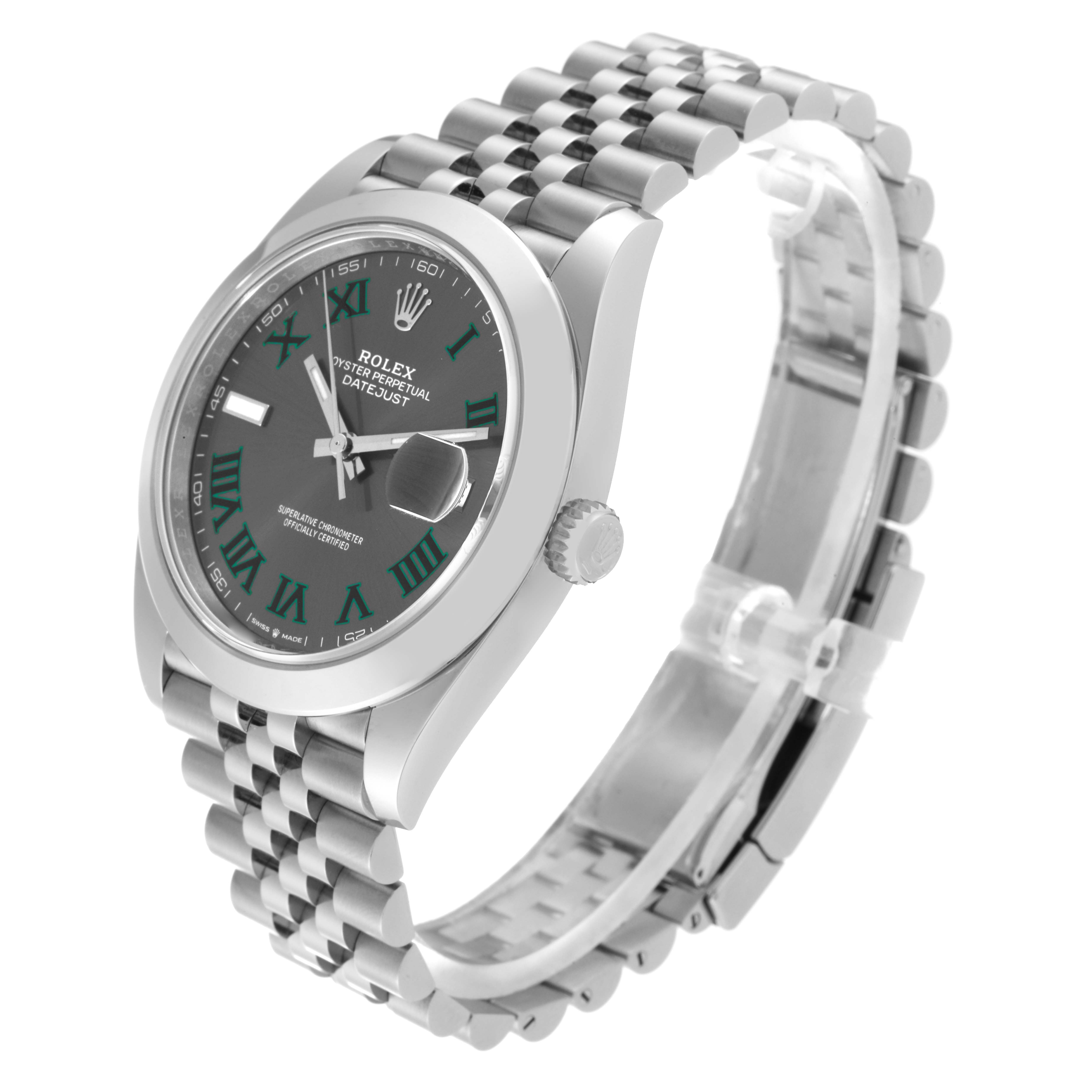 This image shows the Rolex Datejust 41 126300 Men
s Stainless Steel Grey Dial 126300 Men
s Stainless Steel Grey Dial model watch from an angled front view, highlighting the face, bezel, crown, and bracelet.