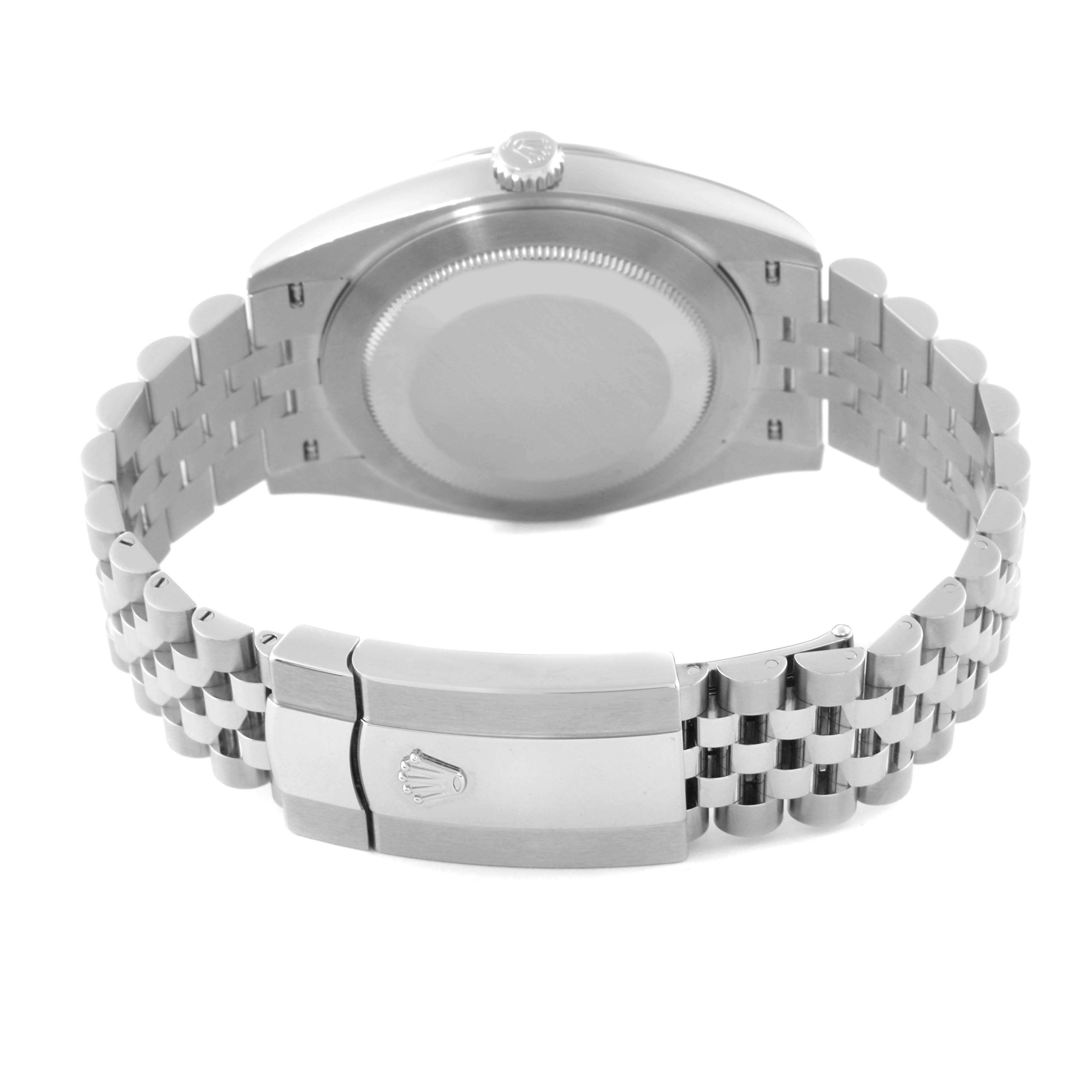 The image shows the back side of a Rolex Datejust 41 126300 Men
s Stainless Steel Grey Dial 126300 Men
s Stainless Steel Grey Dial, highlighting its case back and bracelet clasp.