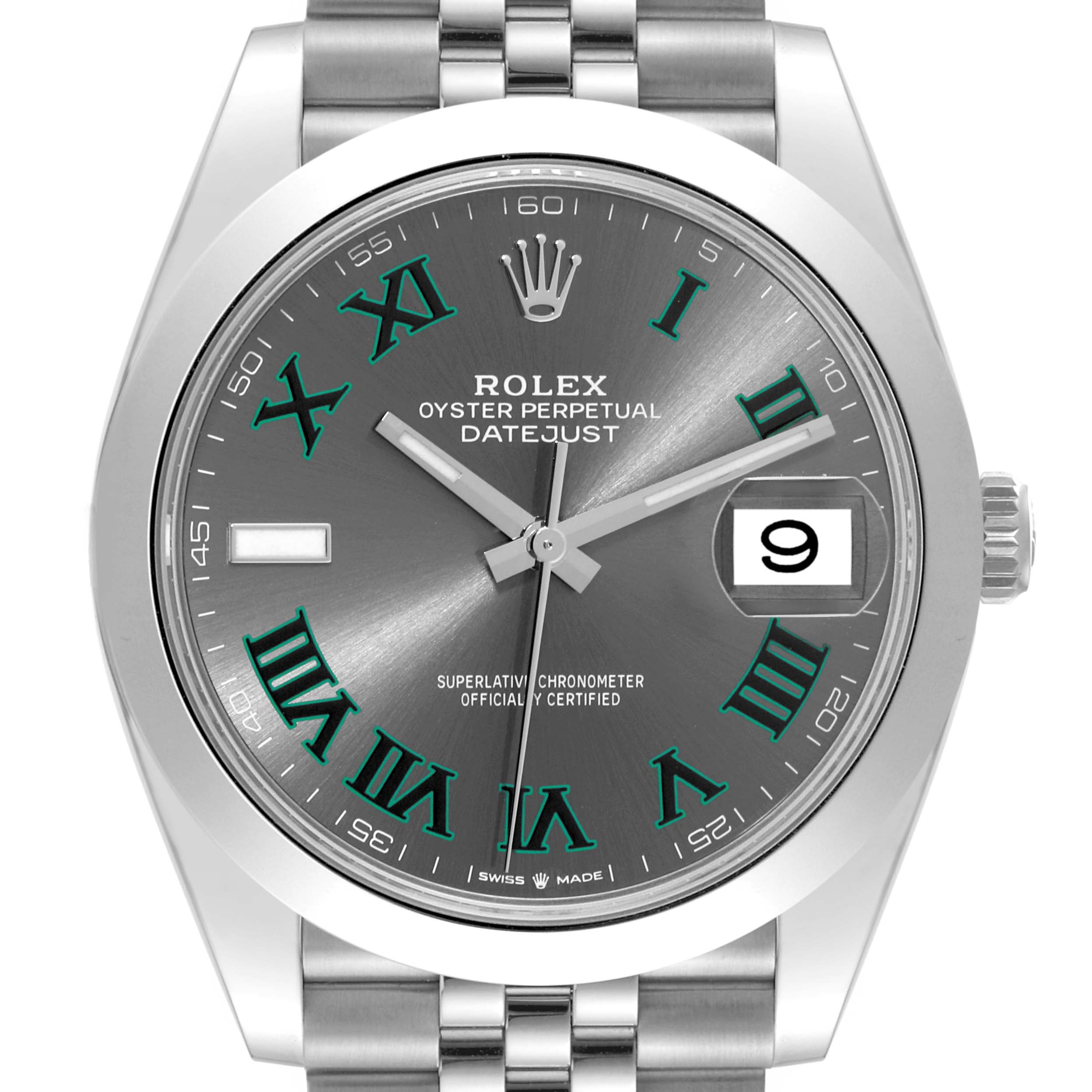 The image shows a Rolex Datejust 41 126300 Men
s Stainless Steel Grey Dial 126300 Men
s Stainless Steel Grey Dial watch from the front, highlighting the dial, Roman numerals, and date window.