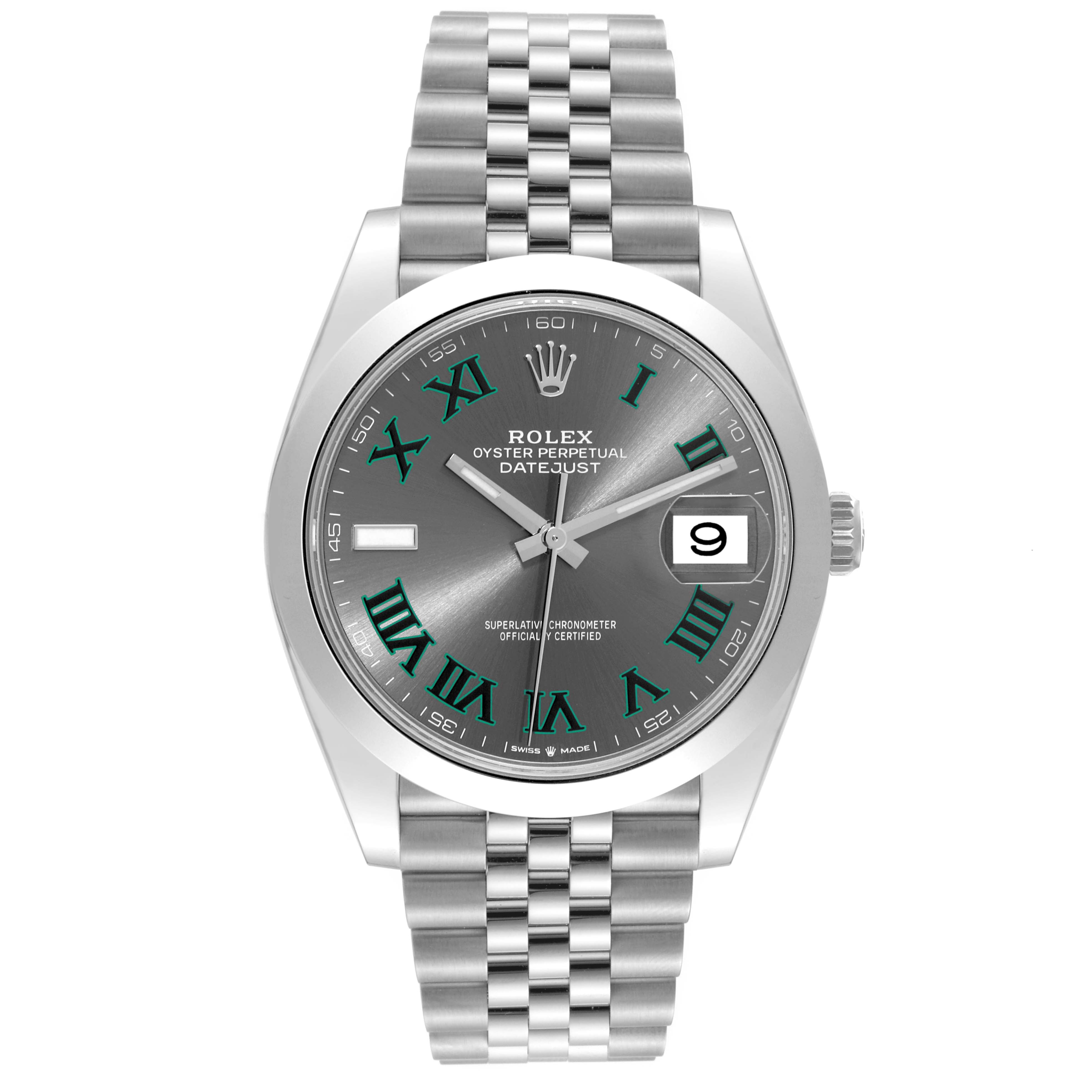 This image shows a front view of the Rolex Datejust 41 126300 Men
s Stainless Steel Grey Dial 126300 Men
s Stainless Steel Grey Dial watch displaying its face, bezel, and bracelet.