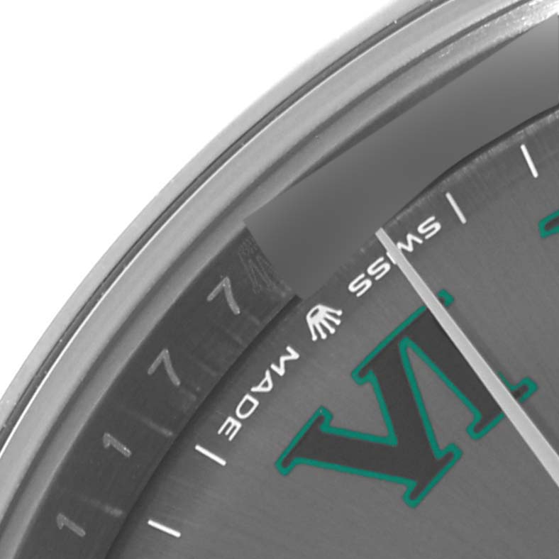 This close-up image shows the dial, bezel, and part of the "SWISS MADE" text at the bottom of the Rolex Datejust 41 126300 Men
s Stainless Steel Grey Dial 126300 Men
s Stainless Steel Grey Dial watch.