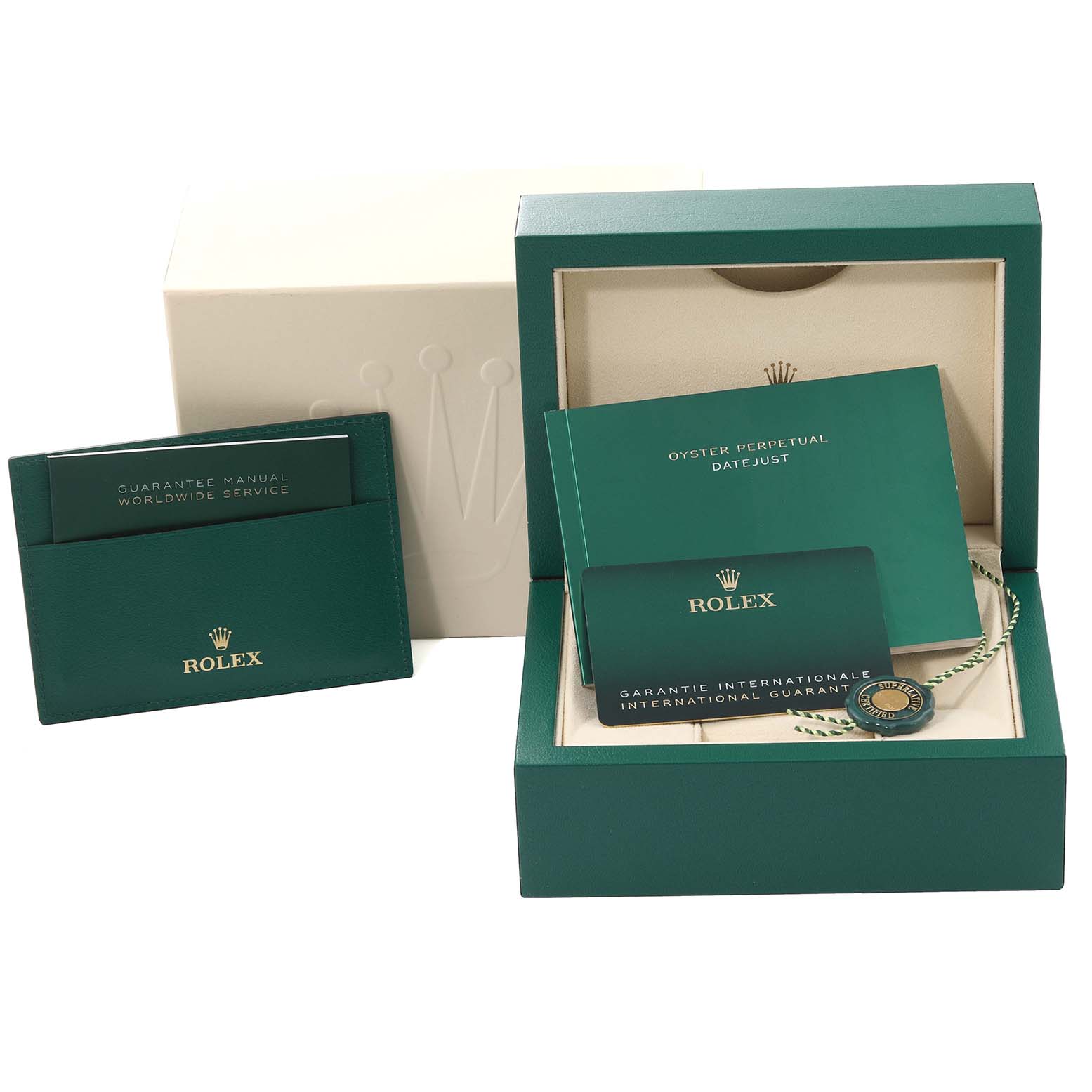 The image shows the Rolex Datejust 41 126300 Men
s Stainless Steel Grey Dial 126300 Men
s Stainless Steel Grey Dial packaging, manuals, warranty card, and box from a front angle.