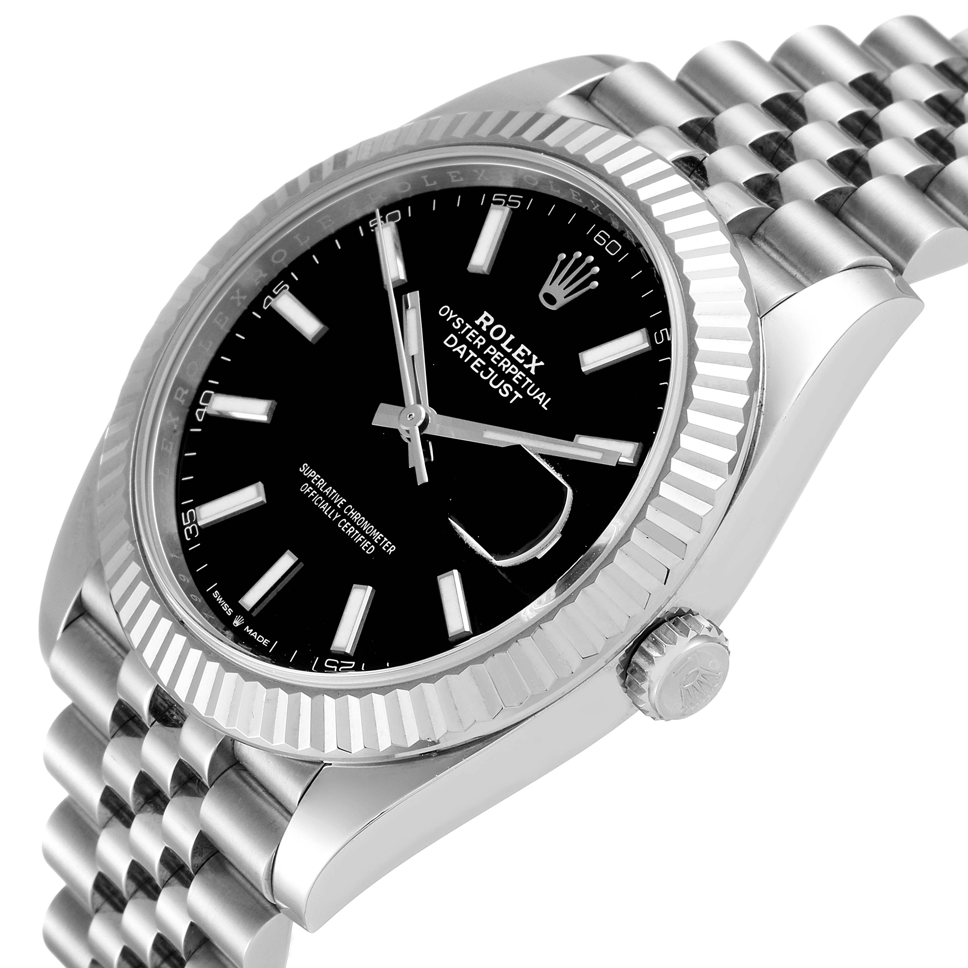 This image shows a close-up, angled view of the Datejust 41 Rolex watch, highlighting the bezel, dial, and bracelet.