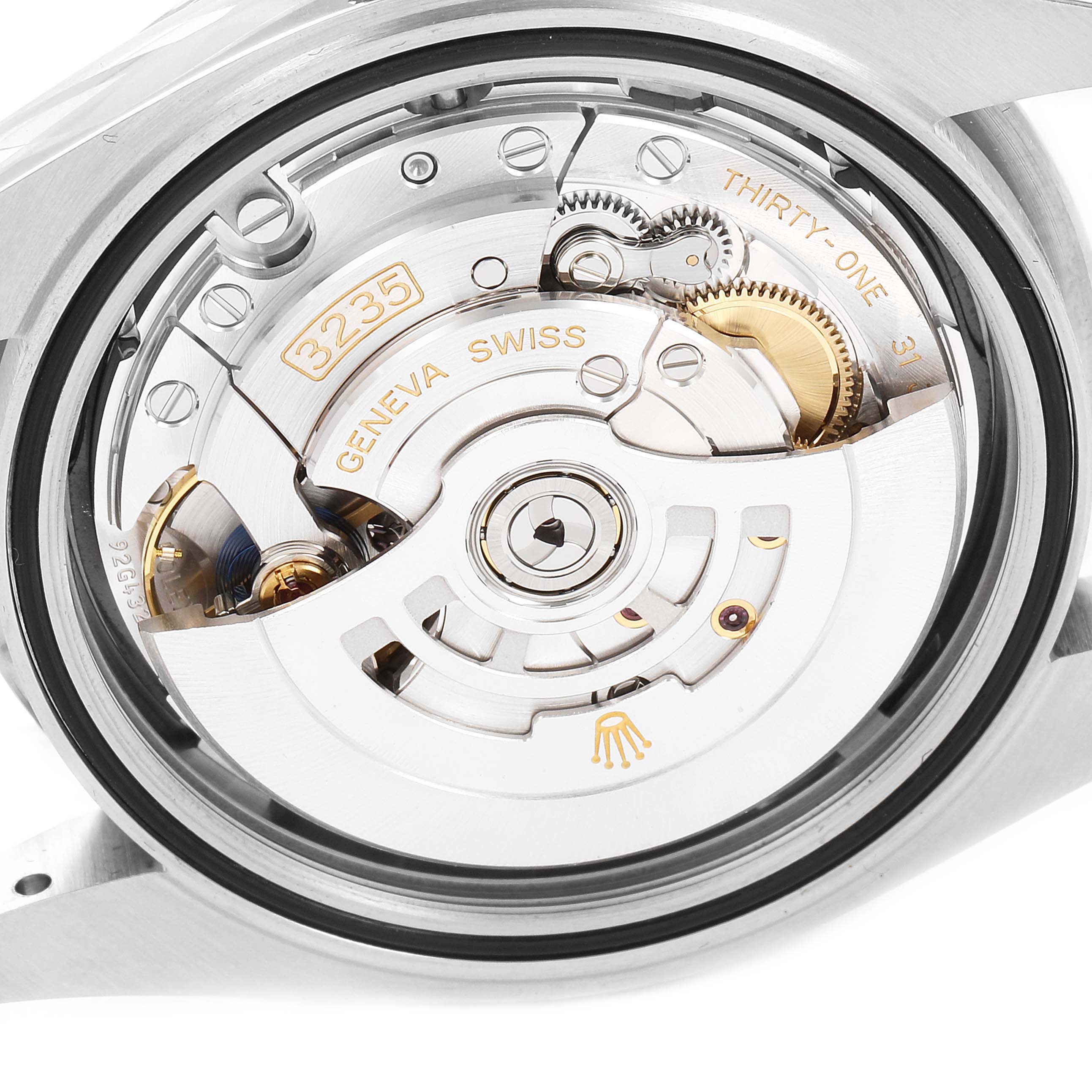 The image shows the back view of the movement and internal mechanisms of the Rolex Datejust 41 126334 Men
s Stainless Steel Black Dial 126334 Men
s Stainless Steel Black Dial watch.