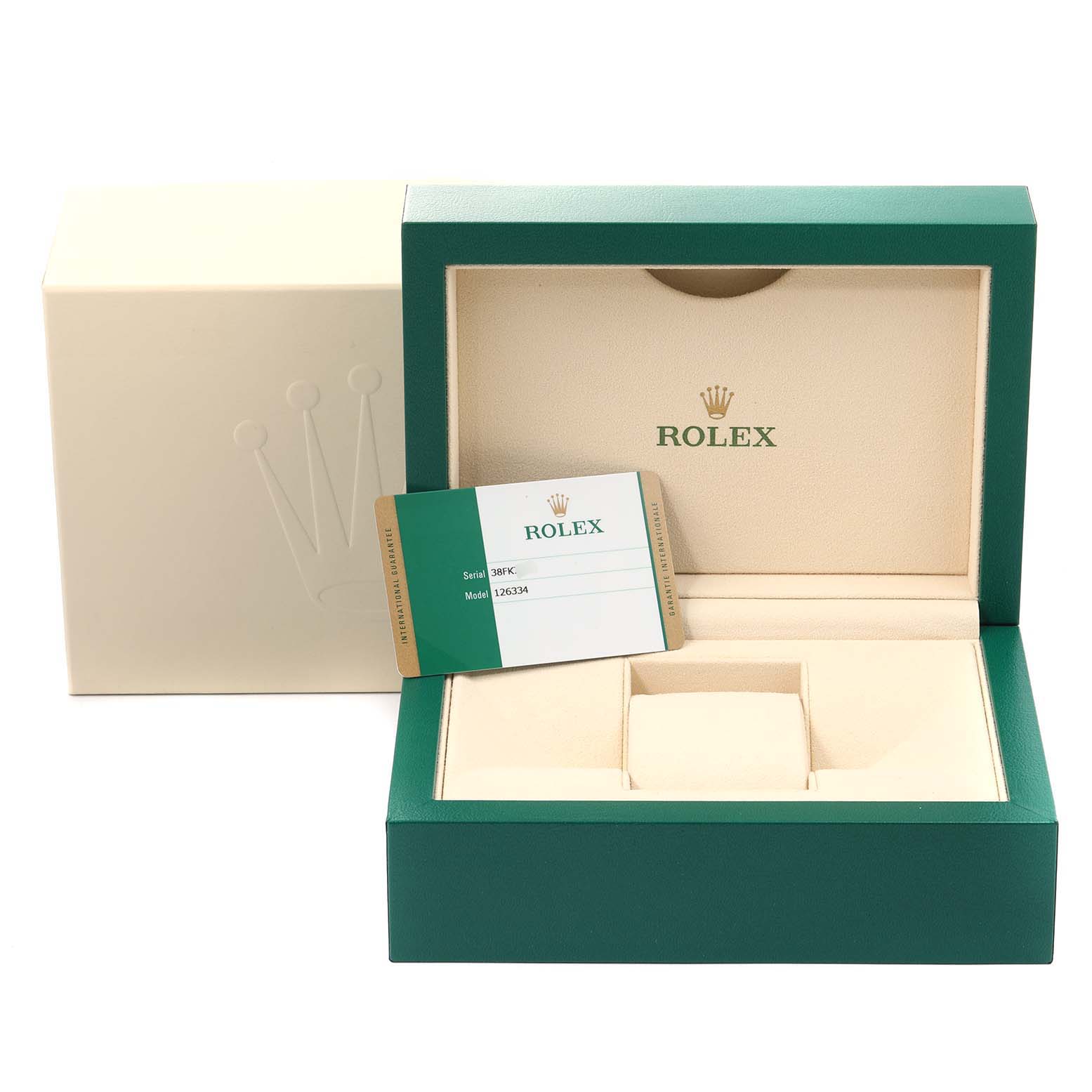 This image shows the packaging of a Rolex Datejust 41 126334 Men
s Stainless Steel Black Dial 126334 Men
s Stainless Steel Black Dial, including its box and a warranty card.