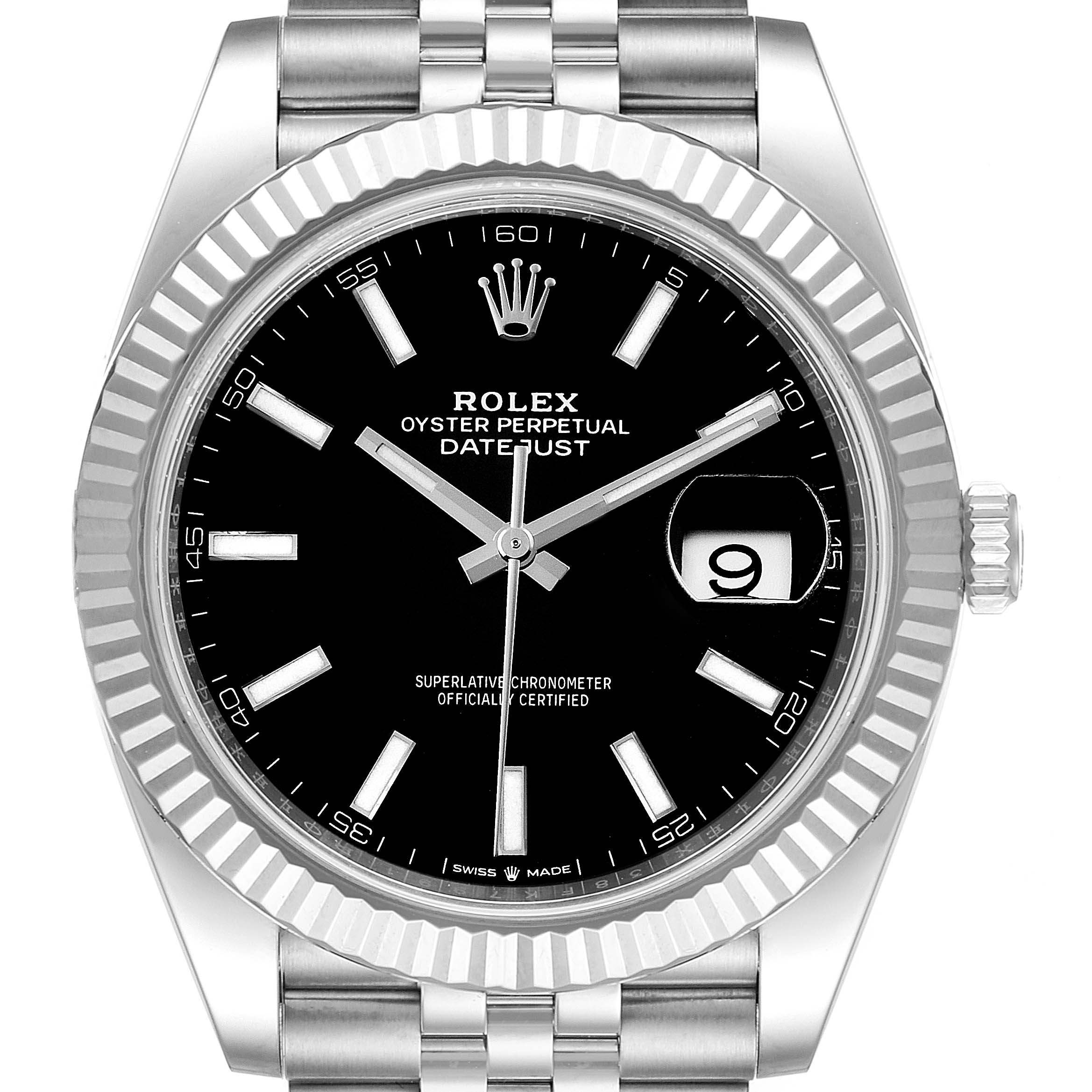 This image shows a frontal view of the Rolex Datejust 41 126334 Men
s Stainless Steel Black Dial 126334 Men
s Stainless Steel Black Dial, highlighting the dial, hands, bezel, crown, and bracelet.