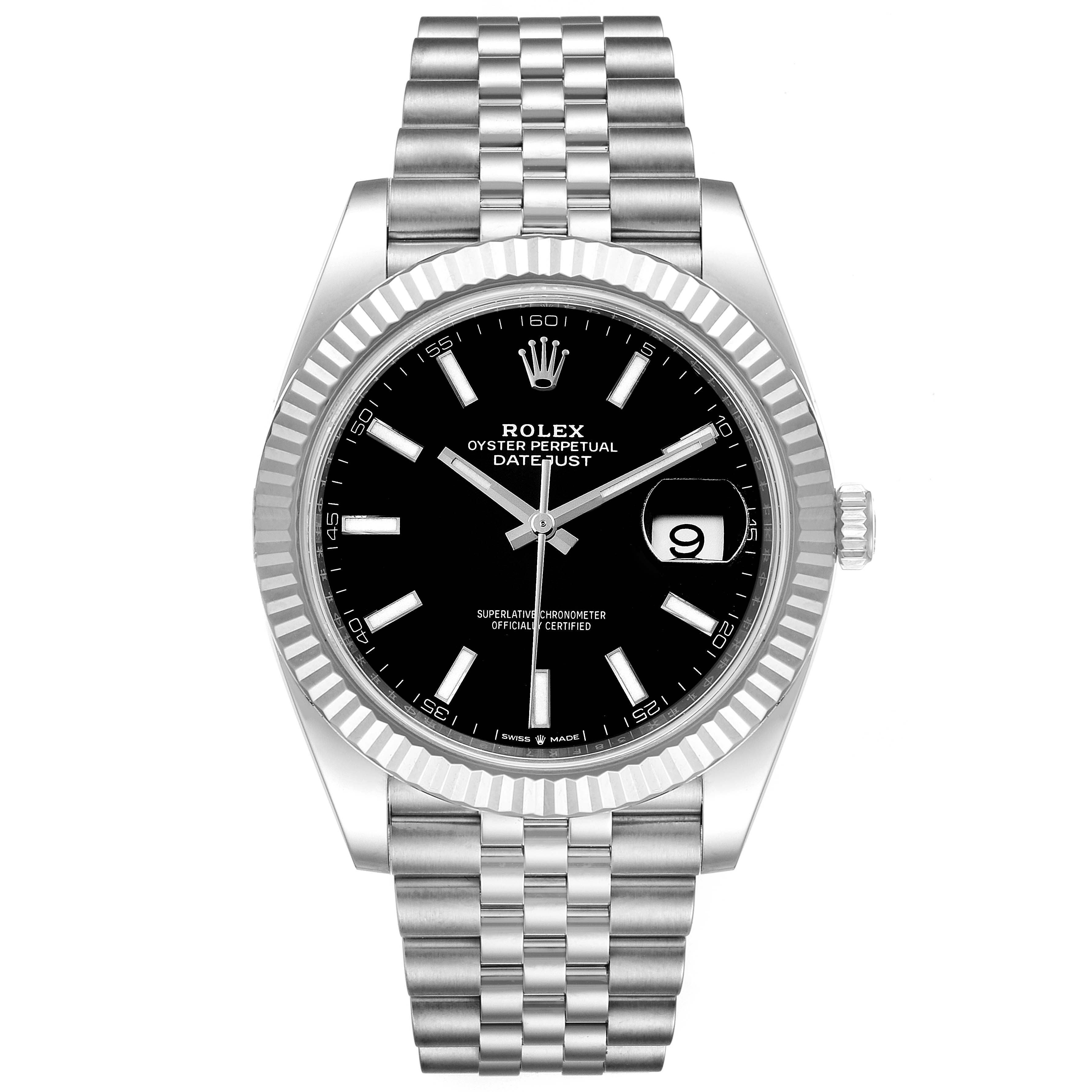 The Rolex Datejust 41 126334 Men
s Stainless Steel Black Dial 126334 Men
s Stainless Steel Black Dial watch is shown from a front angle, displaying its black dial, fluted bezel, and Jubilee bracelet.
