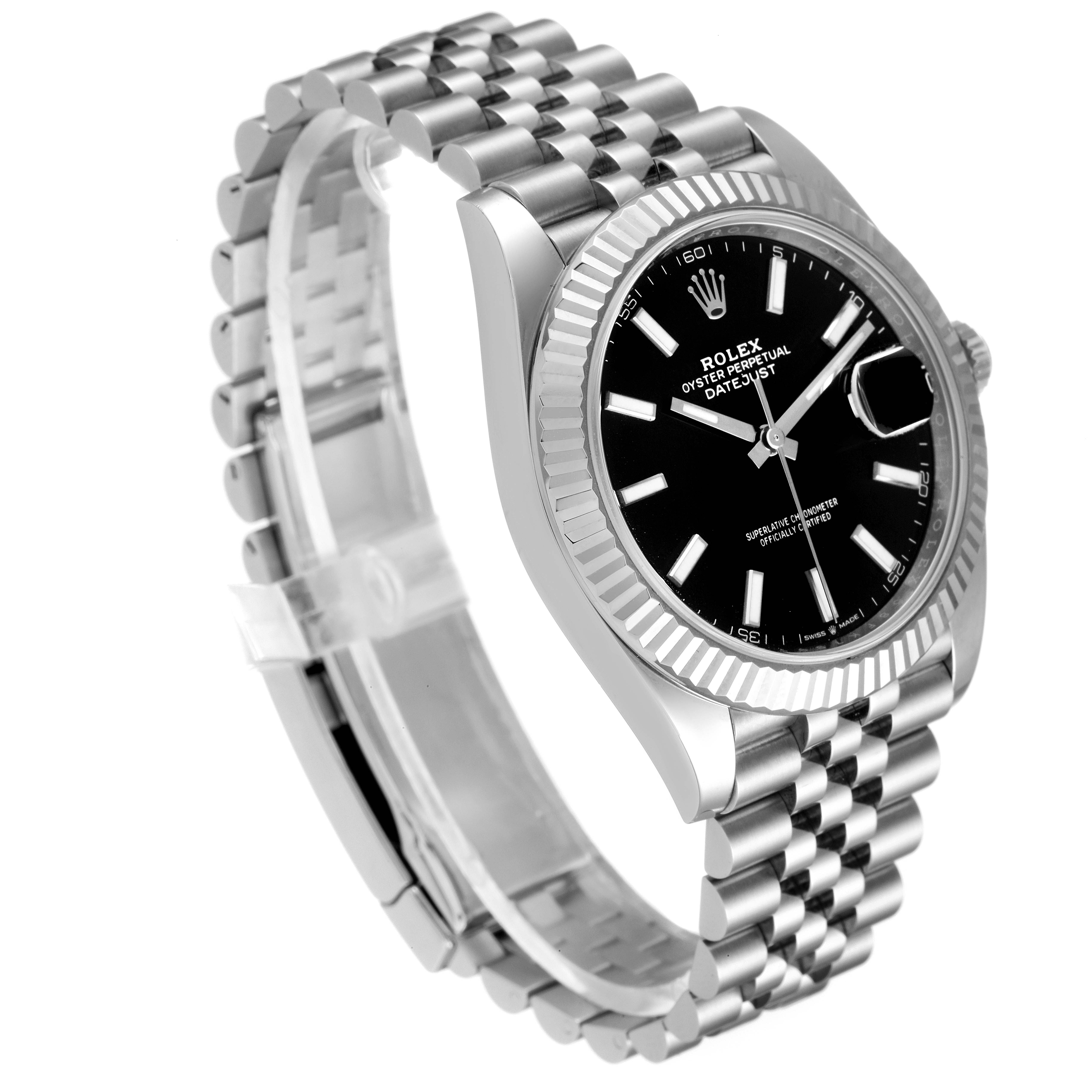 This image shows a Rolex Datejust 41 126334 Men
s Stainless Steel Black Dial 126334 Men
s Stainless Steel Black Dial watch at a slight angle, highlighting its black dial, fluted bezel, and Jubilee bracelet.