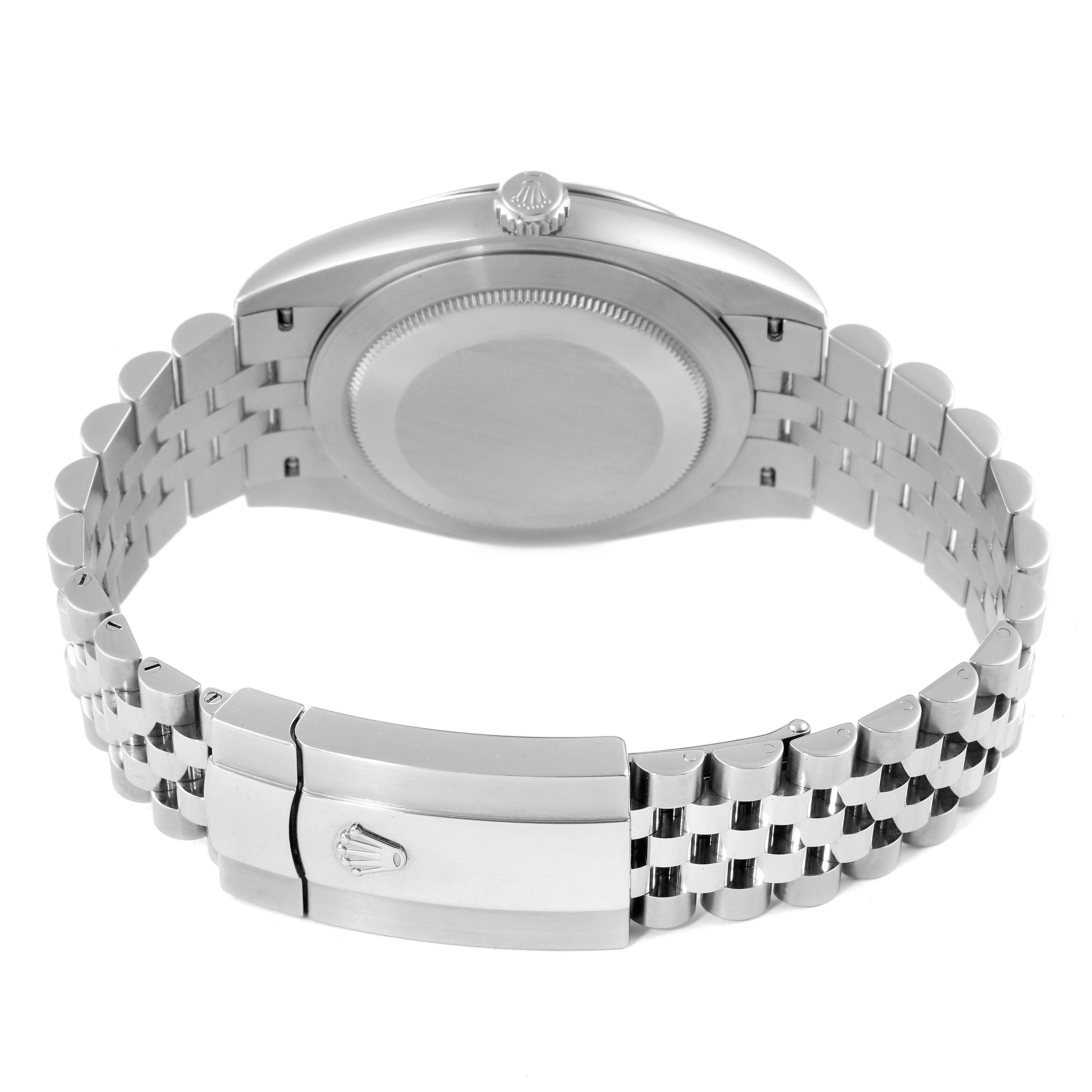 The image shows the back view of a Rolex Datejust 41 126334 Men
s Stainless Steel Black Dial 126334 Men
s Stainless Steel Black Dial, highlighting the case back, crown, and bracelet with the clasp.