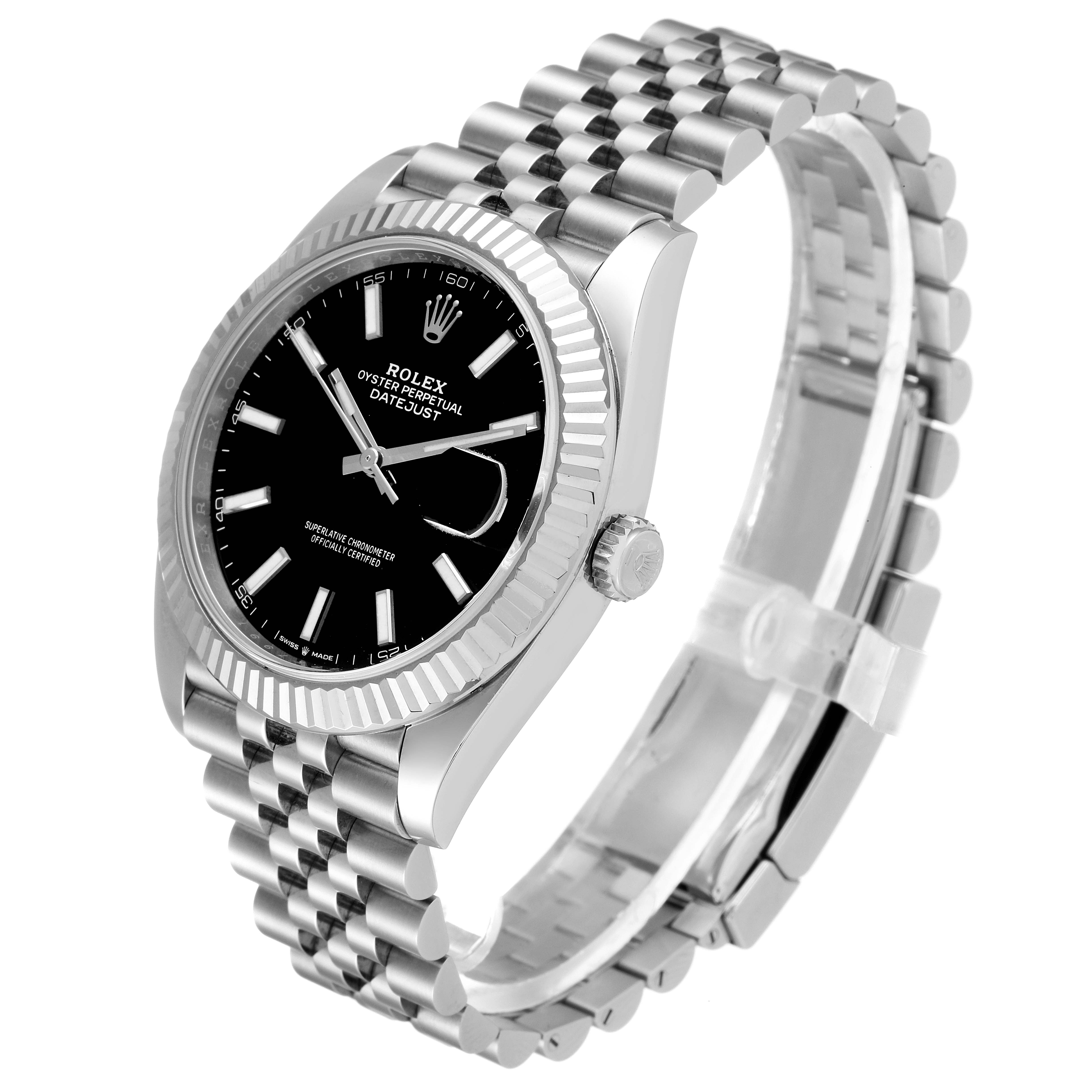 The image shows a Rolex Datejust 41 126334 Men
s Stainless Steel Black Dial 126334 Men
s Stainless Steel Black Dial watch from an angled side view, showcasing the dial, bezel, crown, and bracelet.