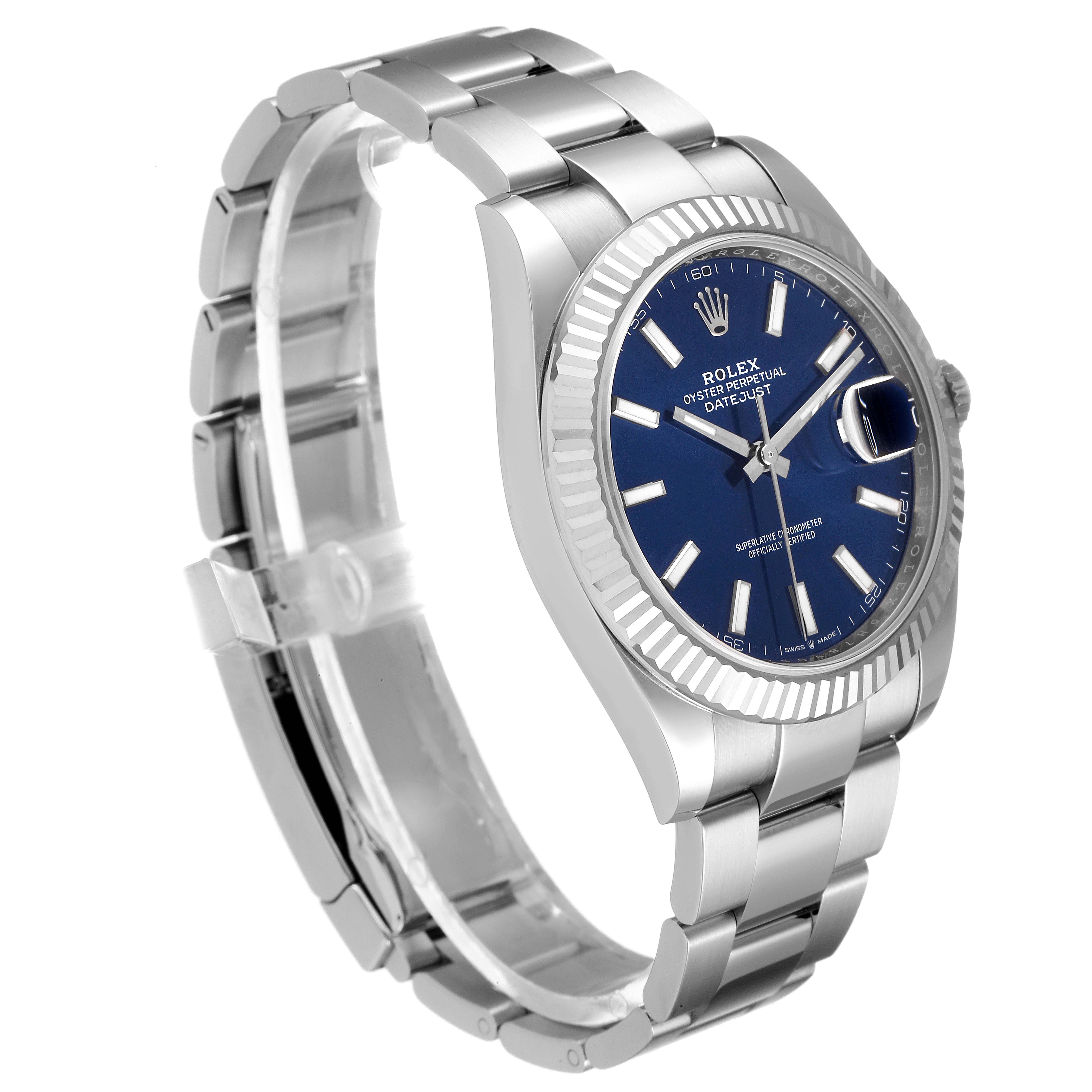 The Rolex Datejust 41 126334 Men
s Stainless Steel Blue Dial 126334 Men
s Stainless Steel Blue Dial watch is shown from an angled side view, highlighting its bracelet, case, and fluted bezel.