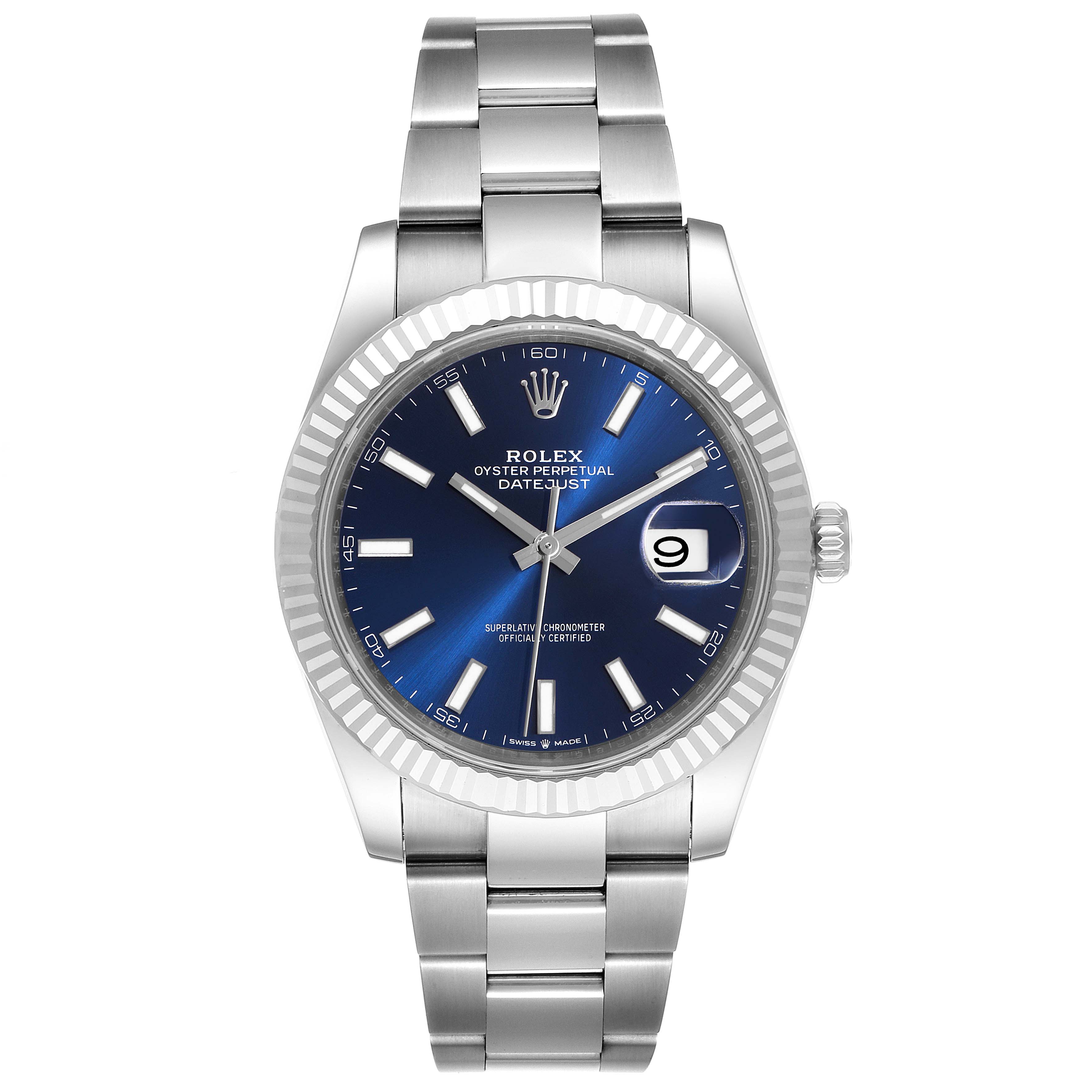 The image shows a front view of the Rolex Datejust 41 126334 Men
s Stainless Steel Blue Dial 126334 Men
s Stainless Steel Blue Dial watch, displaying the dial, bracelet, case, and crown.
