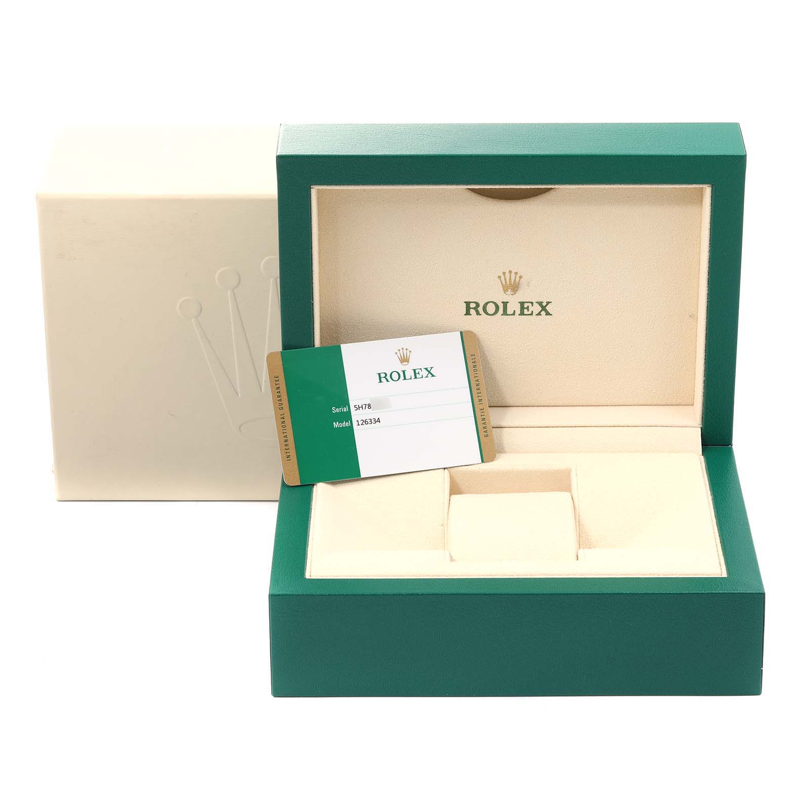 The image shows the open packaging box and certification card for a Rolex Datejust 41 126334 Men
s Stainless Steel Blue Dial 126334 Men
s Stainless Steel Blue Dial watch.