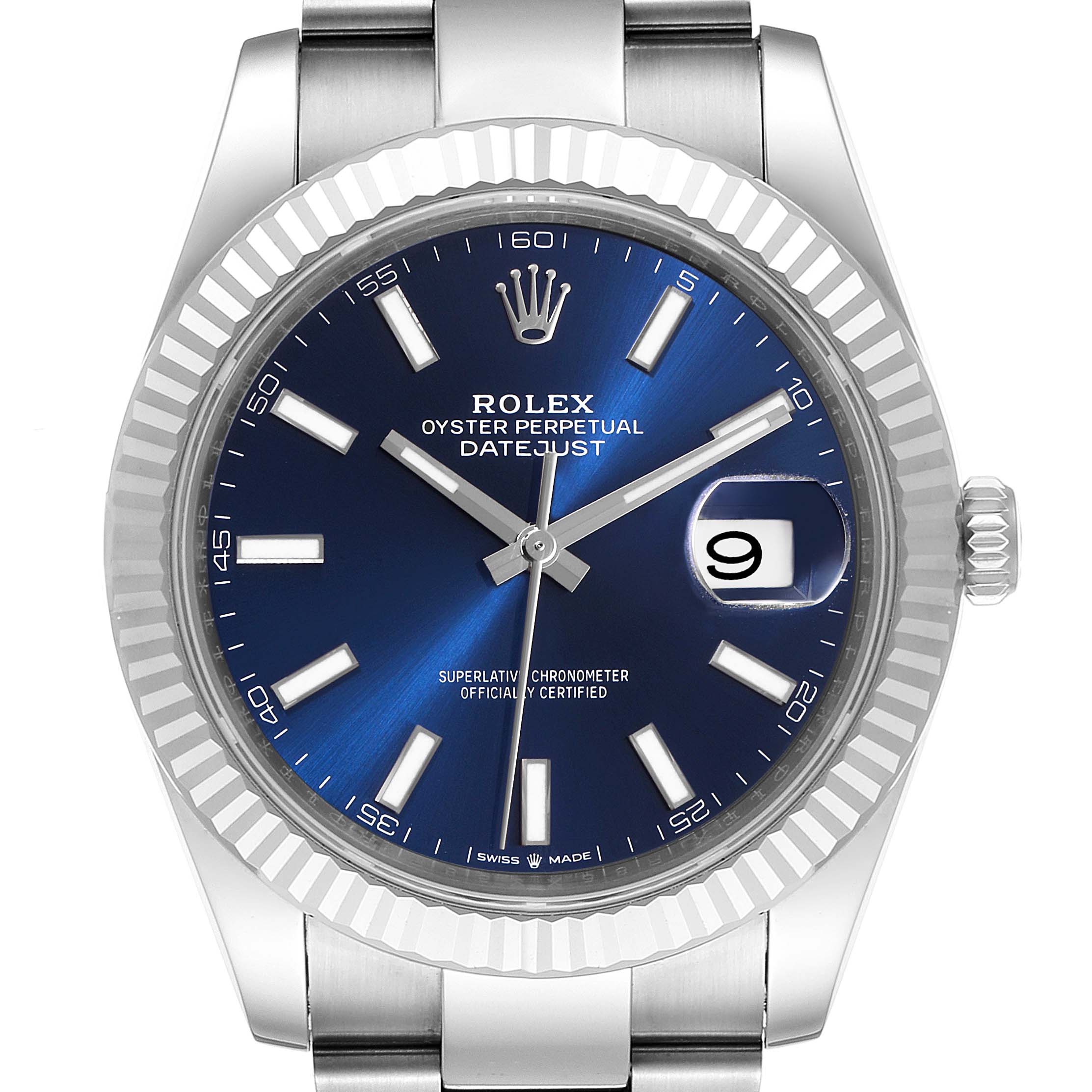 This image shows a front view of the Rolex Datejust 41 126334 Men
s Stainless Steel Blue Dial 126334 Men
s Stainless Steel Blue Dial watch, including its blue dial, fluted bezel, and oyster bracelet.