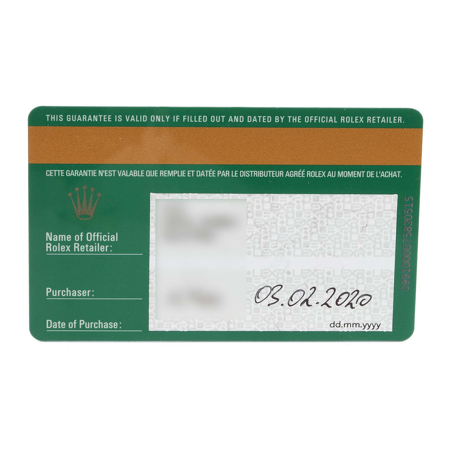 This image shows the warranty card for a Rolex Datejust 41 126334 Men
s Stainless Steel Blue Dial 126334 Men
s Stainless Steel Blue Dial, with spaces for the retailer, purchaser, and date of purchase filled out.