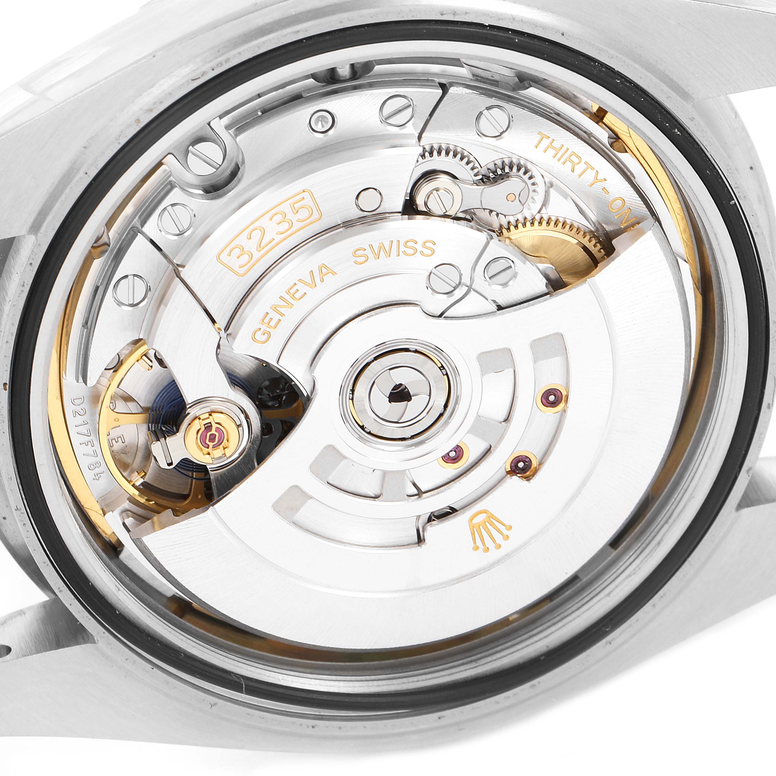 This image shows the internal movement mechanism of the Rolex Datejust 41 126334 Men
s Stainless Steel Blue Dial 126334 Men
s Stainless Steel Blue Dial watch from a rear view angle.