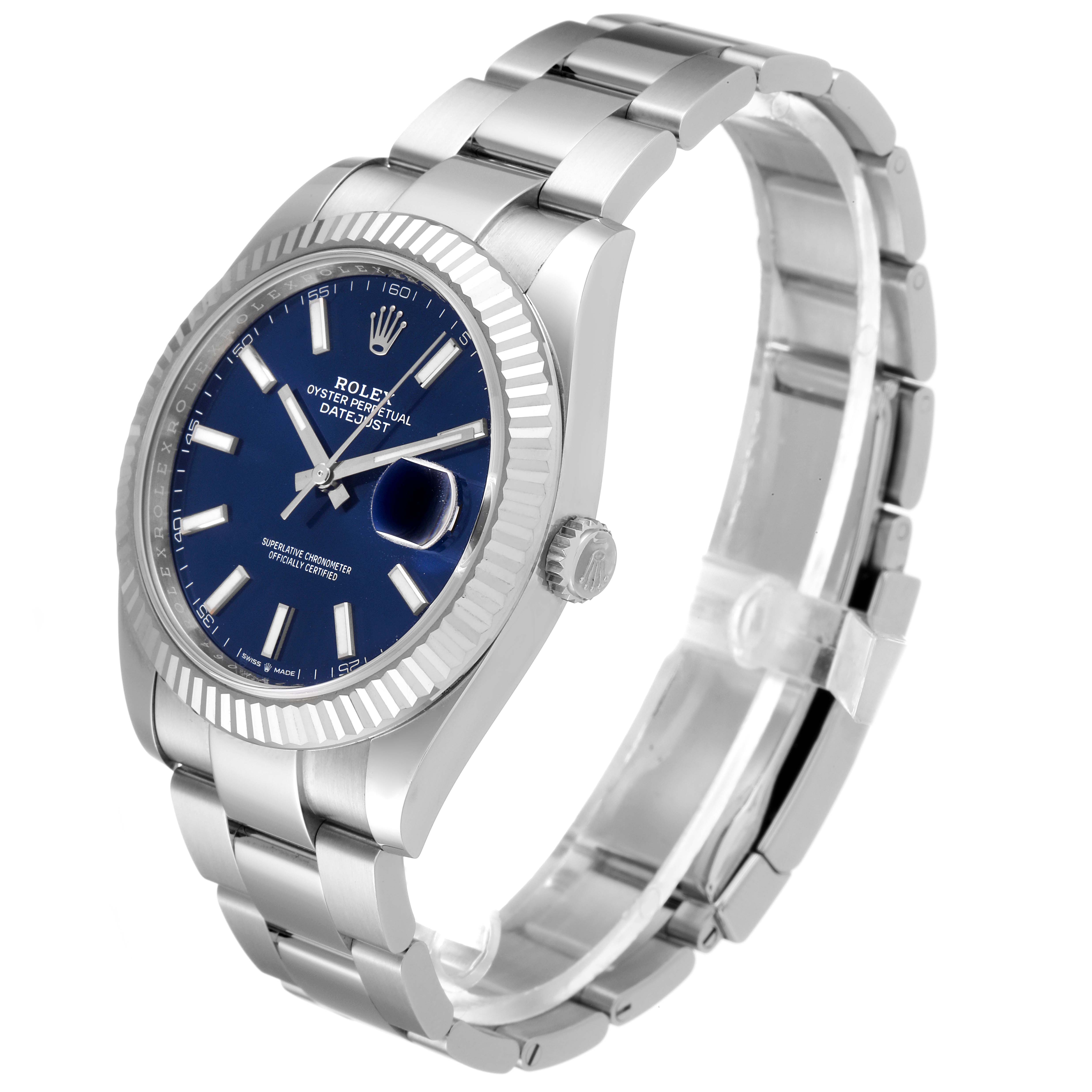 The Rolex Datejust 41 126334 Men
s Stainless Steel Blue Dial 126334 Men
s Stainless Steel Blue Dial is shown at a three-quarter angle, displaying the face, bezel, and part of the bracelet.