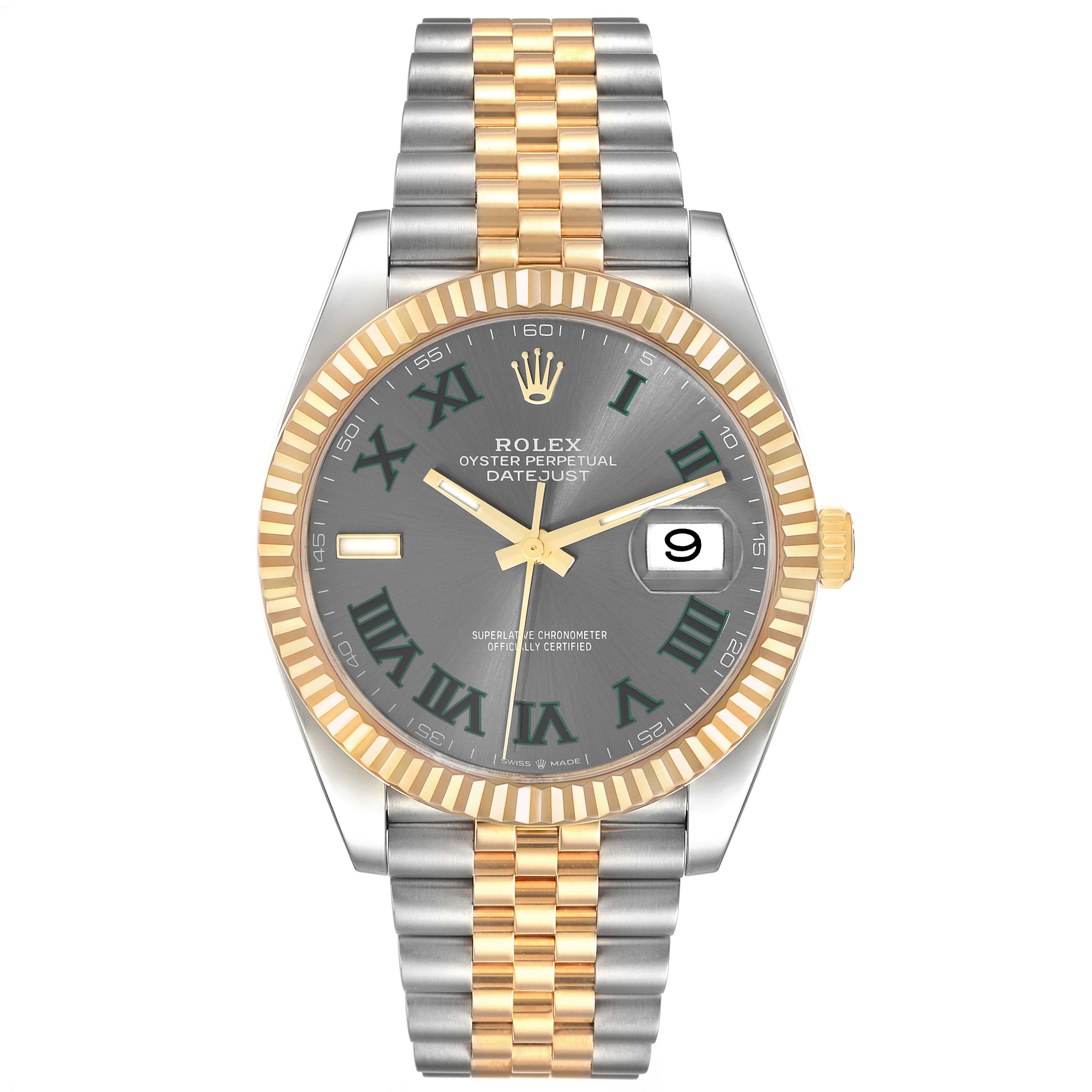 The image shows a front view of the Rolex Datejust 41 126333 Men's Steel and Gold (two tone) Grey Dial 126333 Men's Steel and Gold (two tone) Grey Dial watch, displaying the dial, bezel, and the two-tone bracelet.