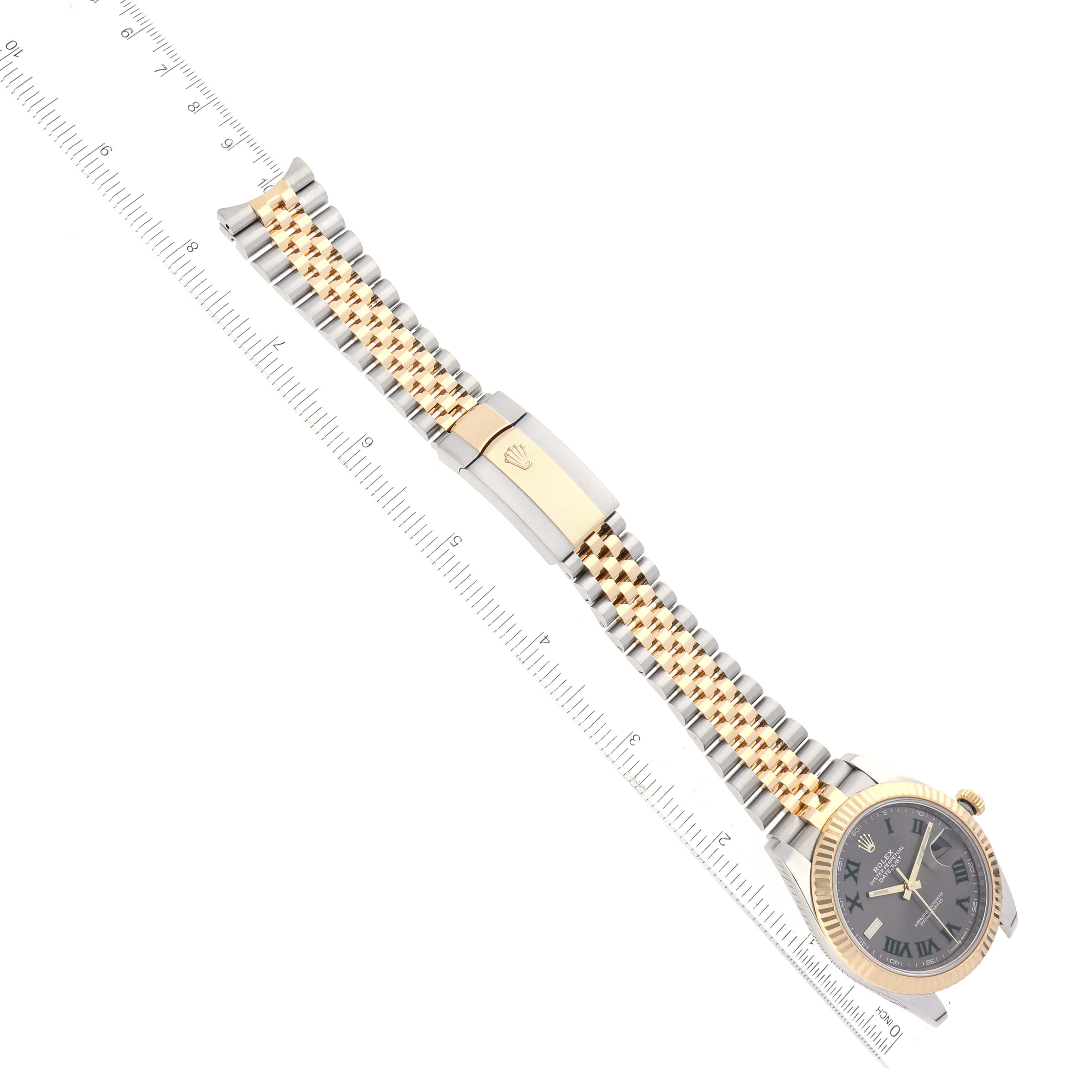 The image shows an overhead view of a Rolex Datejust 41 126333 Men's Steel and Gold (two tone) Grey Dial 126333 Men's Steel and Gold (two tone) Grey Dial watch, featuring the bracelet, clasp, and part of the watch face.
