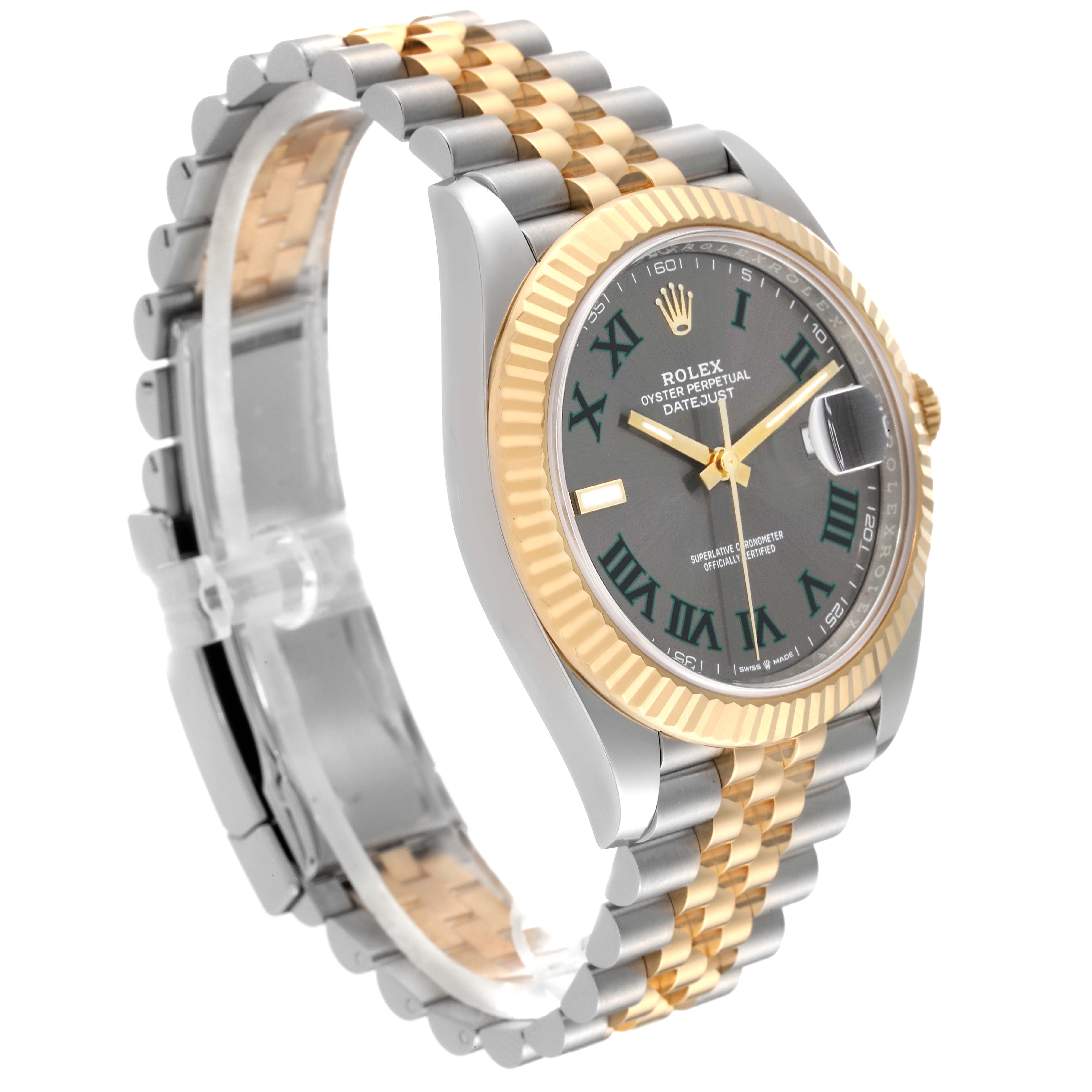 The image shows a side-angle view of the Rolex Datejust 41 126333 Men's Steel and Gold (two tone) Grey Dial 126333 Men's Steel and Gold (two tone) Grey Dial watch, highlighting its two-tone bracelet and fluted bezel.