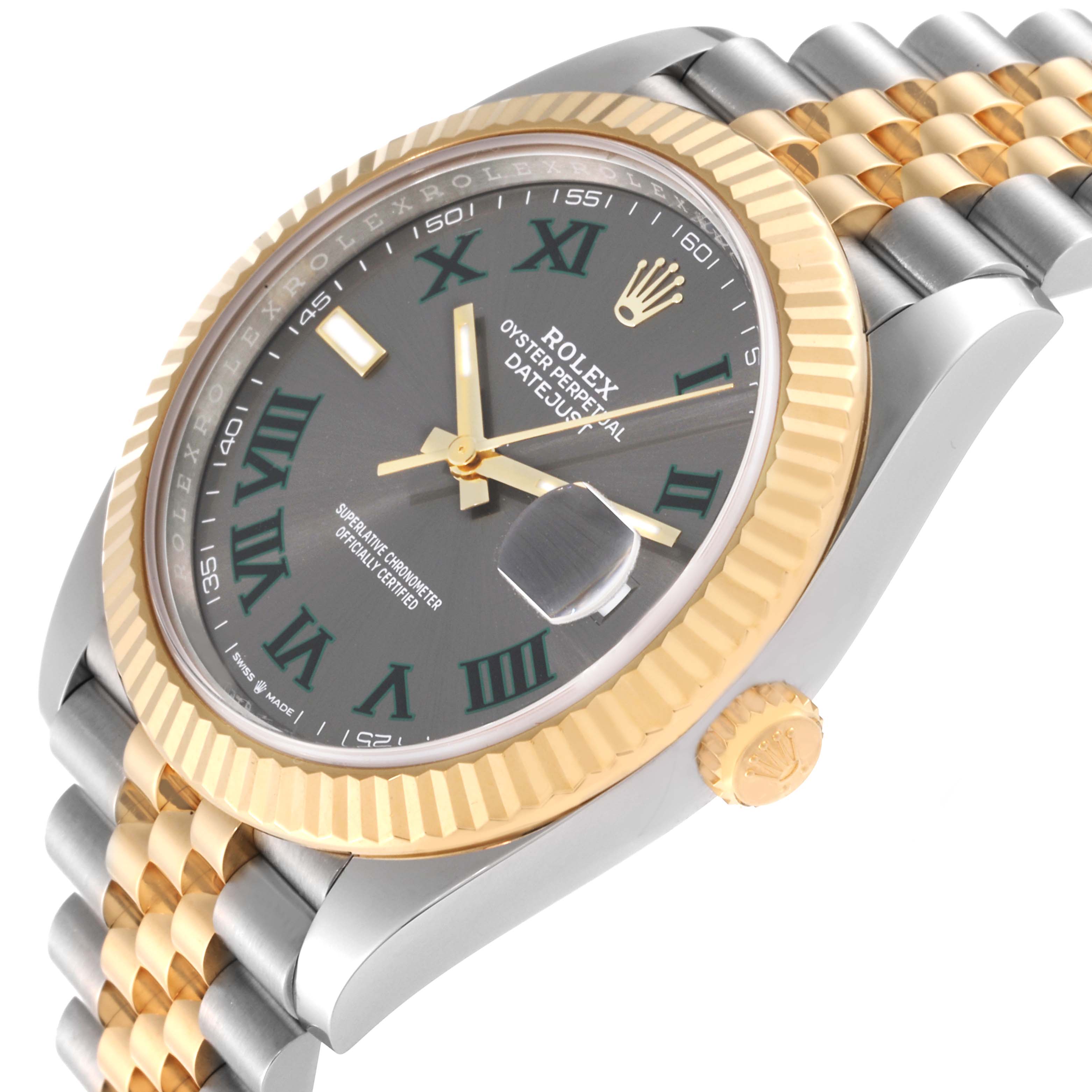 The Rolex Datejust 41 126333 Men's Steel and Gold (two tone) Grey Dial 126333 Men's Steel and Gold (two tone) Grey Dial watch is shown at an angle highlighting its bezel, dial, crown, and part of the jubilee bracelet.