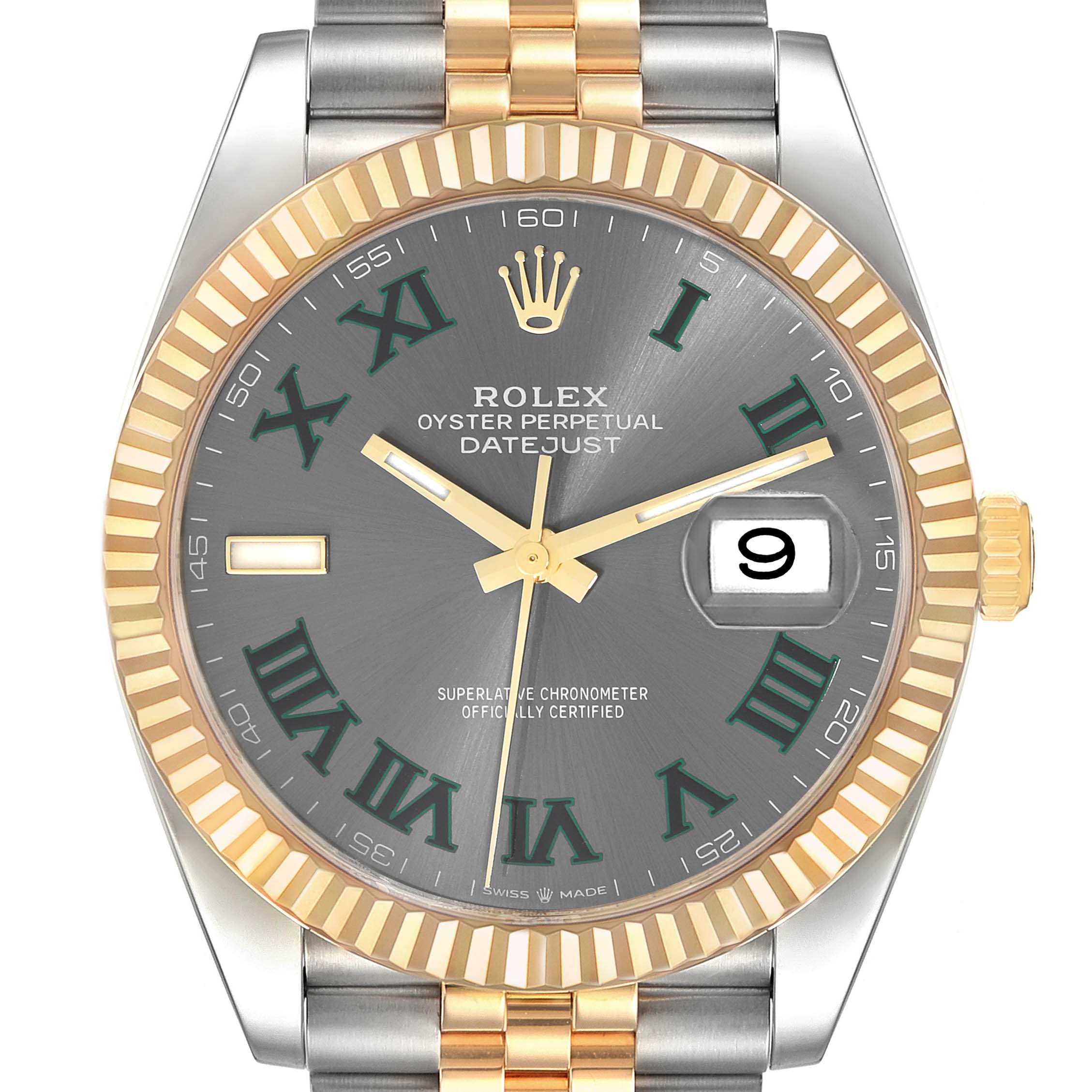 The image shows a frontal view of a Rolex Datejust 41 126333 Men's Steel and Gold (two tone) Grey Dial 126333 Men's Steel and Gold (two tone) Grey Dial watch, highlighting its gold fluted bezel, grey dial with Roman numerals, and two-tone bracelet.