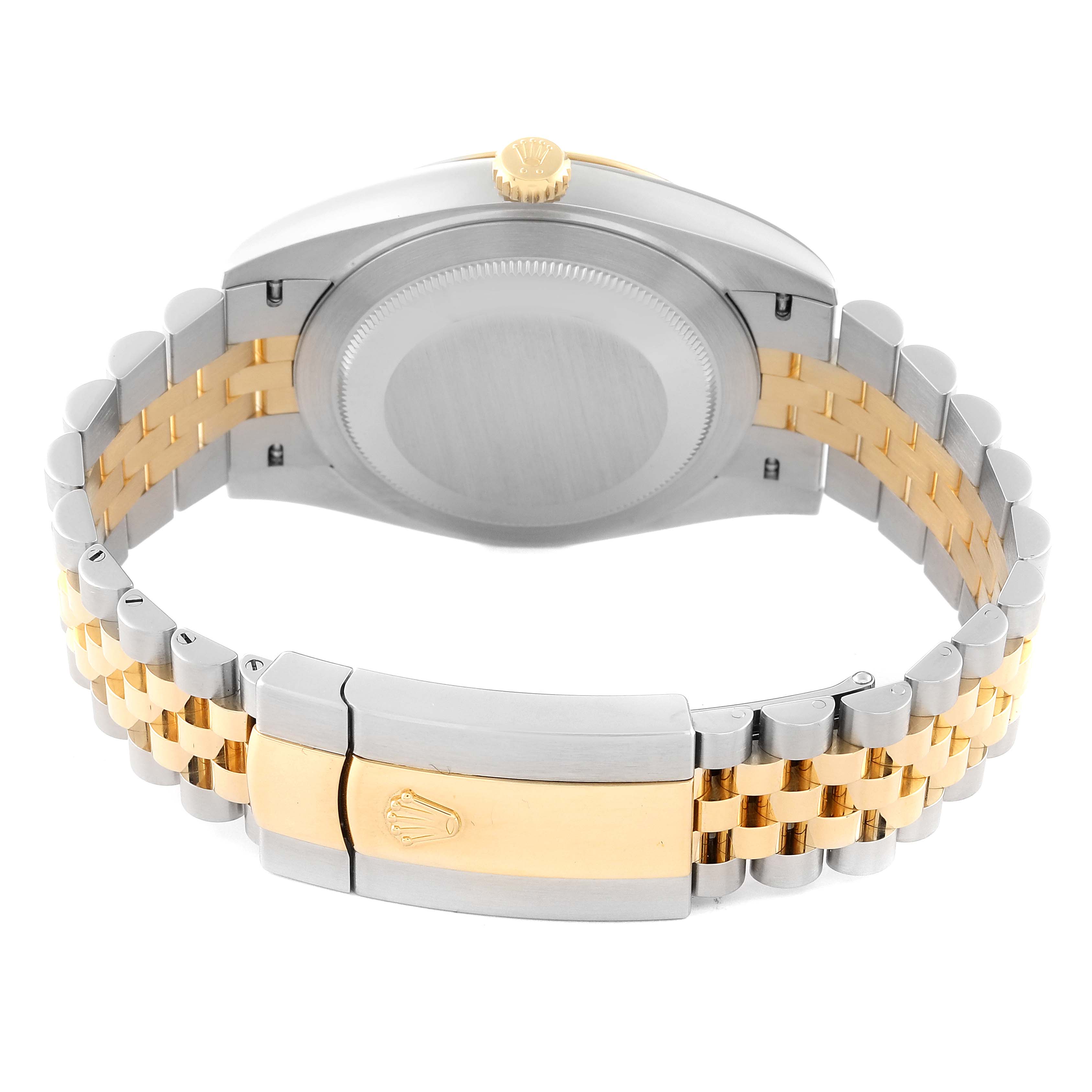 This image shows the back case and clasp of the two-tone band of a Rolex Datejust 41 126333 Men's Steel and Gold (two tone) Grey Dial 126333 Men's Steel and Gold (two tone) Grey Dial watch.