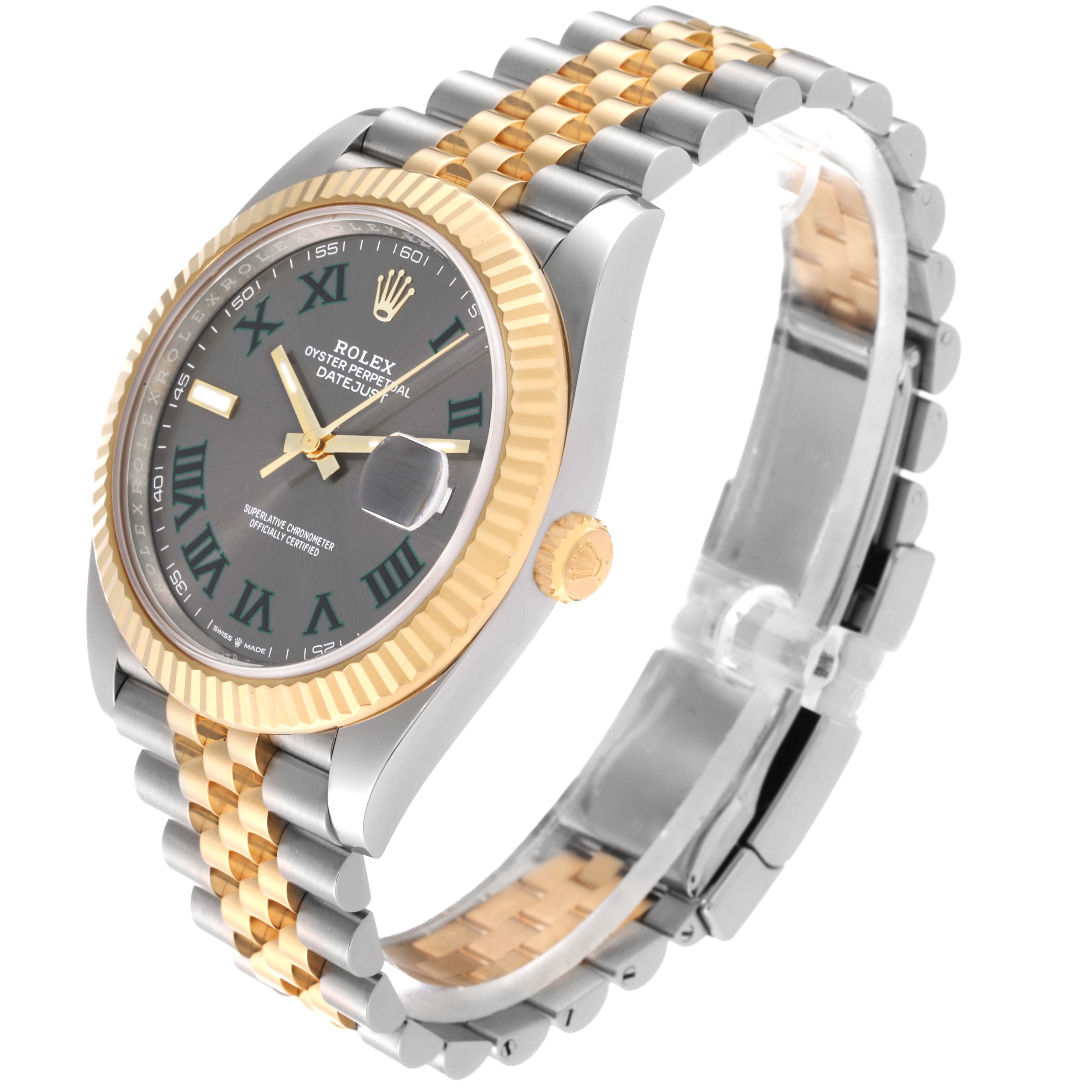 The image shows an angled side view of a Rolex Datejust 41 126333 Men's Steel and Gold (two tone) Grey Dial 126333 Men's Steel and Gold (two tone) Grey Dial watch, highlighting its face, bezel, crown, and two-tone bracelet.