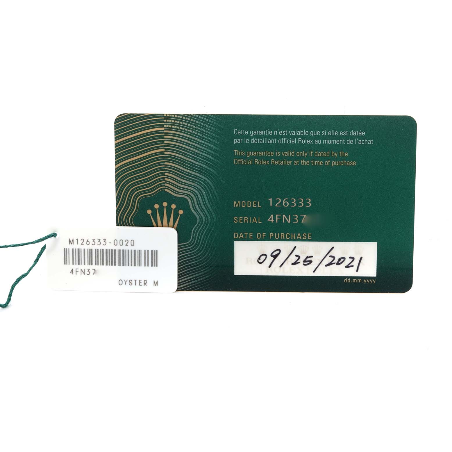 The image shows the warranty card and tag for a Rolex Datejust 41 126333 Men's Steel and Gold (two tone) Grey Dial 126333 Men's Steel and Gold (two tone) Grey Dial model.