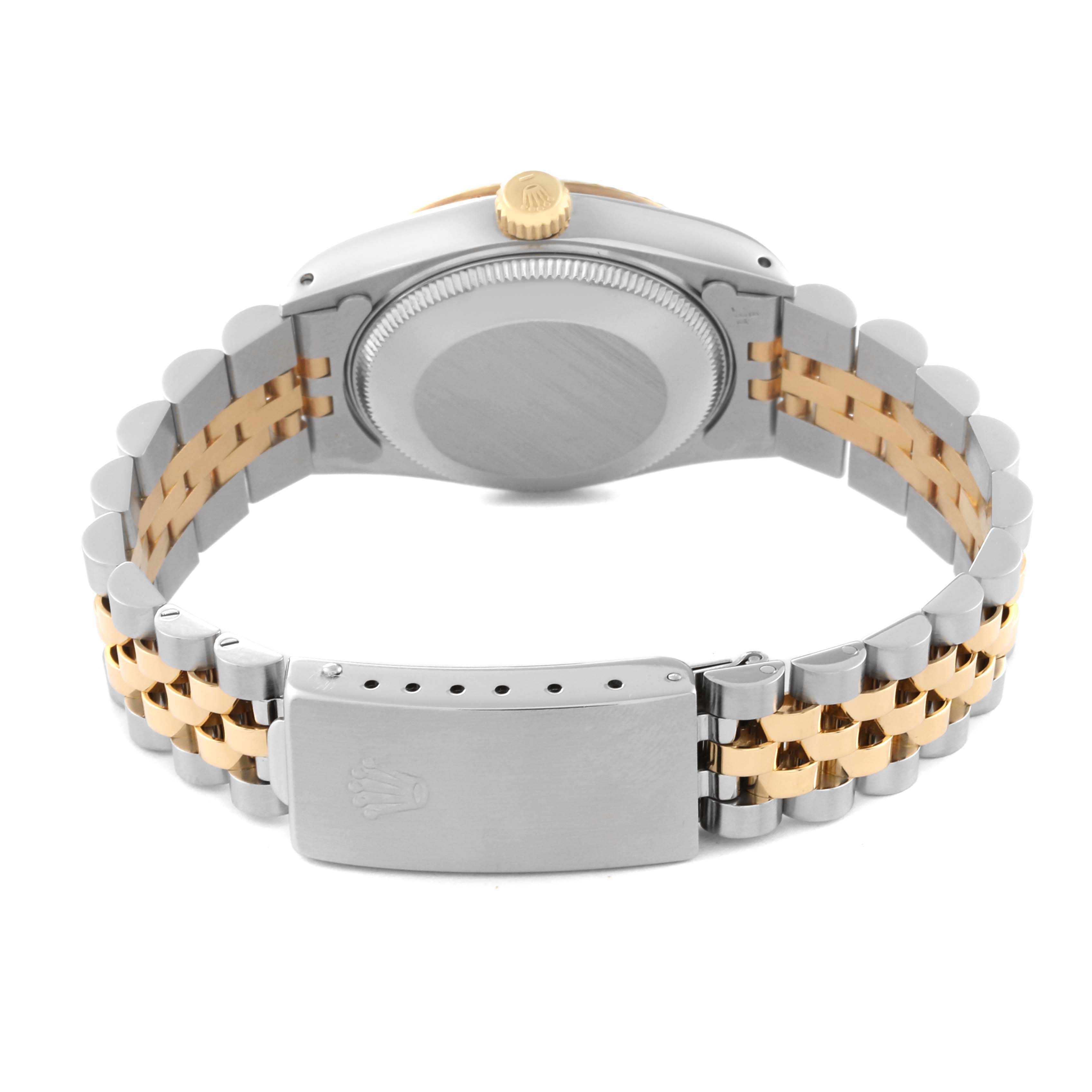This image shows the back and bracelet of a Rolex Mid-Size 68273 Women's Steel and Gold (two tone) White Dial 68273 Women's Steel and Gold (two tone) White Dial model watch, featuring a two-tone metal design and the clasp.