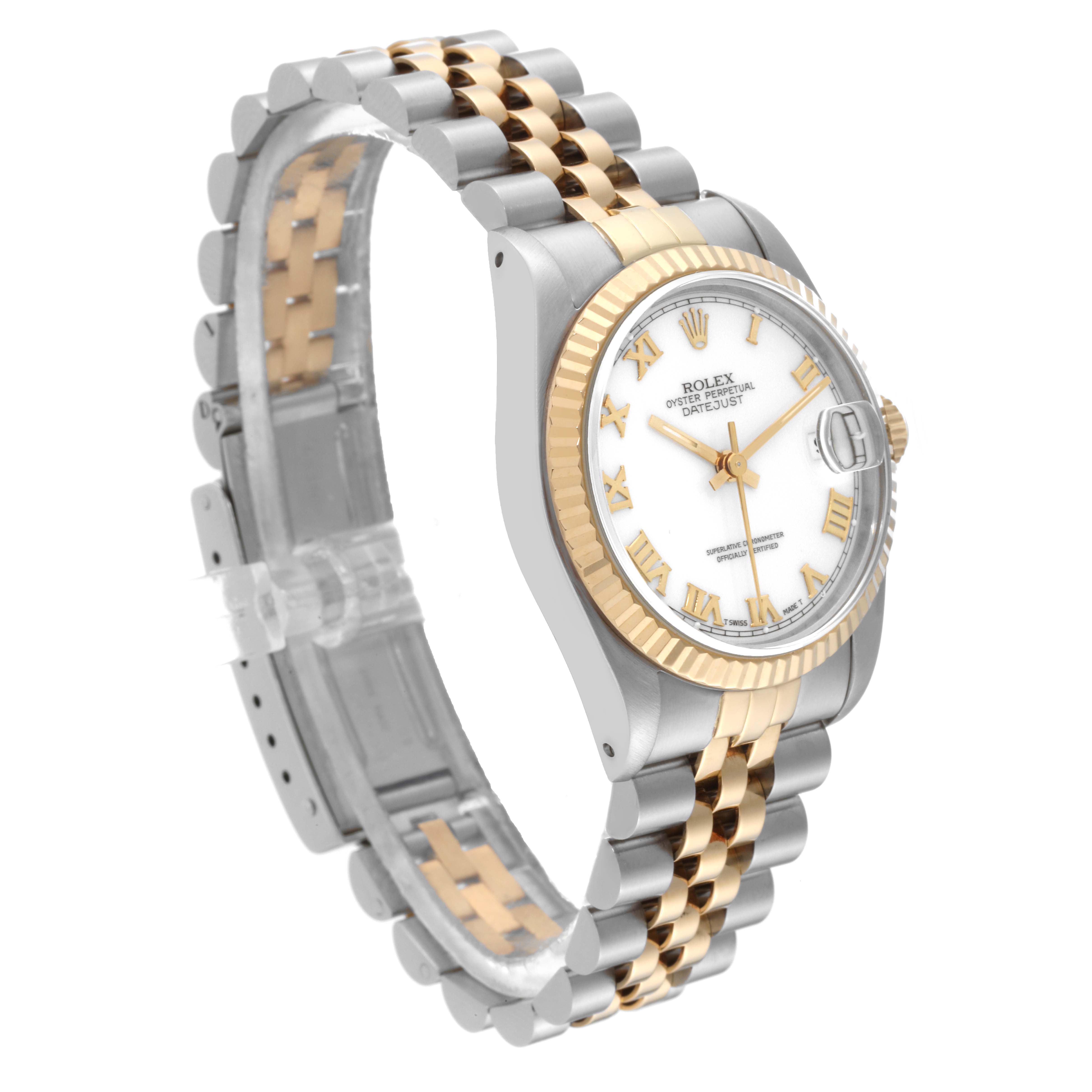 The Rolex Mid-Size 68273 Women's Steel and Gold (two tone) White Dial 68273 Women's Steel and Gold (two tone) White Dial model is shown at a three-quarter angle, displaying its two-tone bracelet, fluted bezel, and white dial.