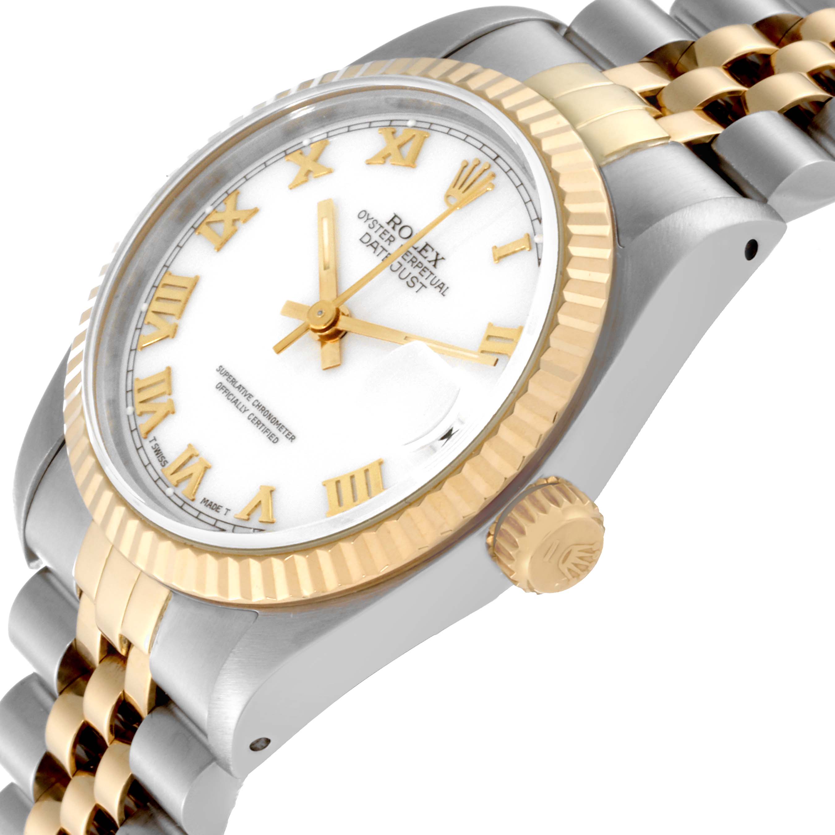 This Mid-Size Rolex watch is shown at a slight angle, highlighting its crown, bezel, dial, and part of the bracelet.
