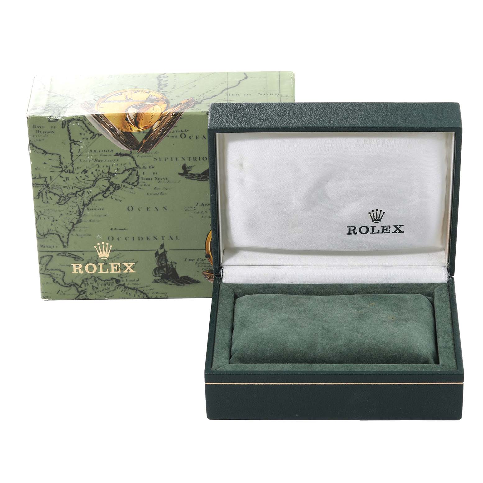 The image shows an open Rolex watch box with a cushioned interior and a decorative outer box for the Mid-Size model.