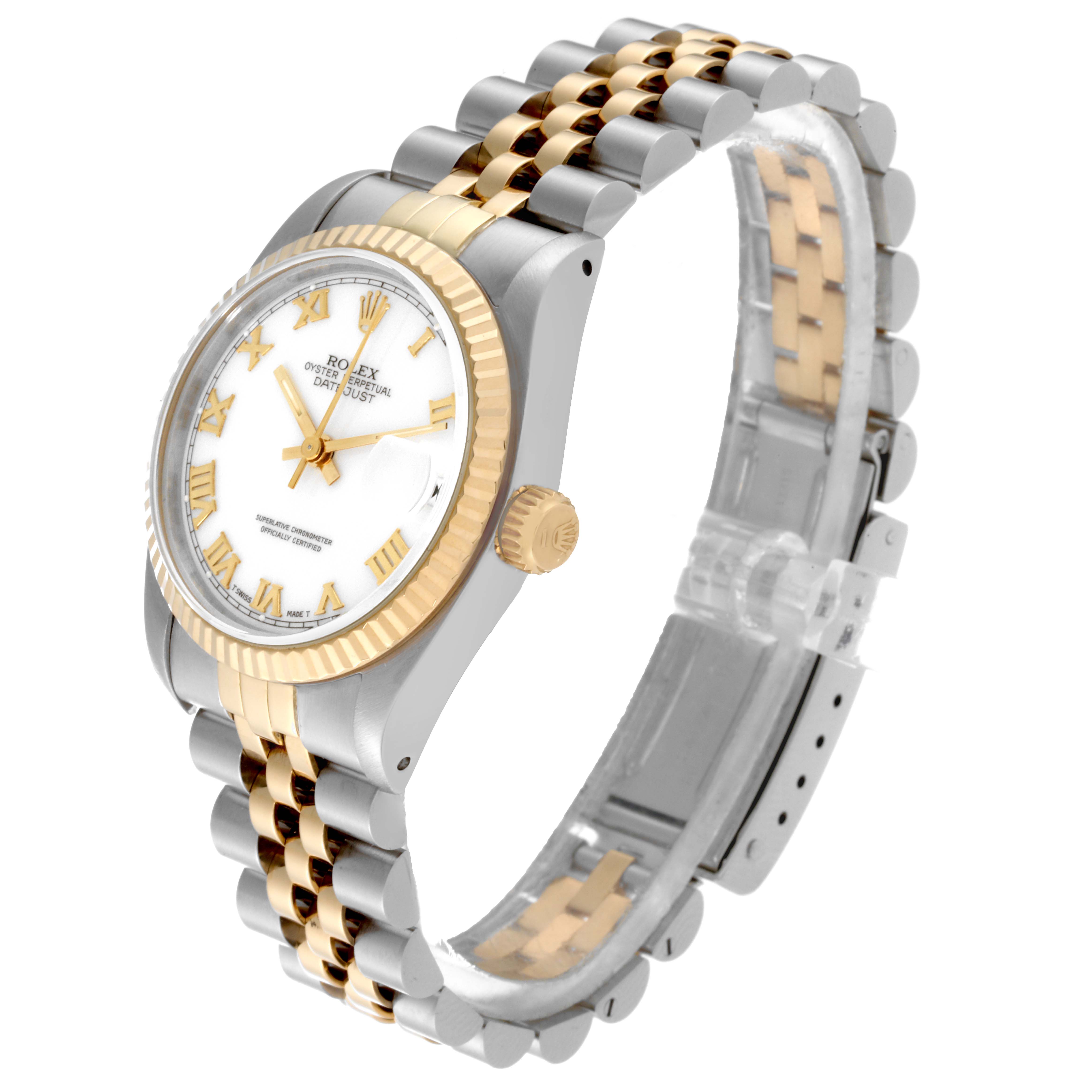 The Mid-Size Rolex watch is shown at a side angle, highlighting the face, bezel, crown, and two-tone bracelet.