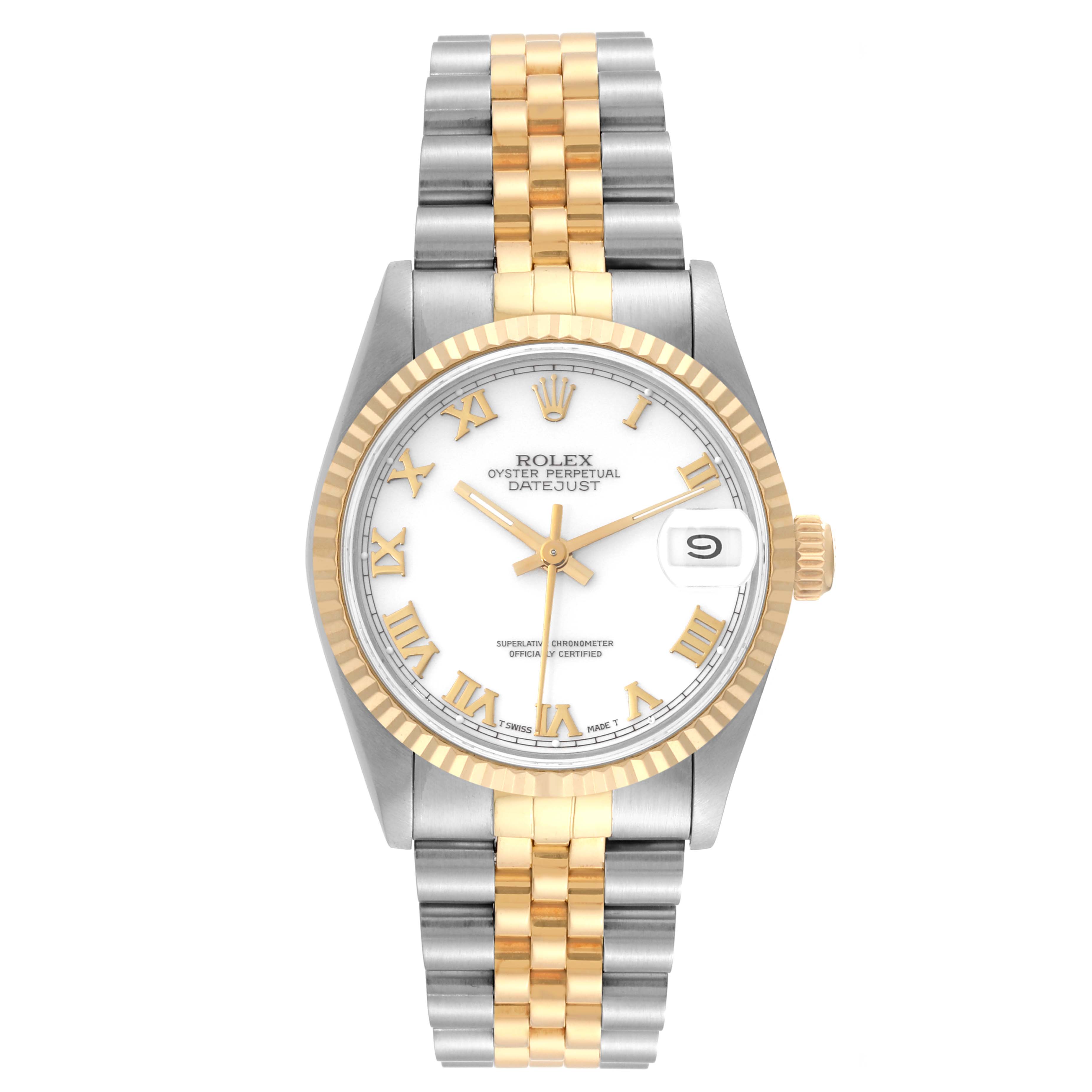 The image shows a front view of a Rolex Mid-Size 68273 Women's Steel and Gold (two tone) White Dial 68273 Women's Steel and Gold (two tone) White Dial Oyster Perpetual Datejust watch with a two-tone bracelet and fluted bezel.